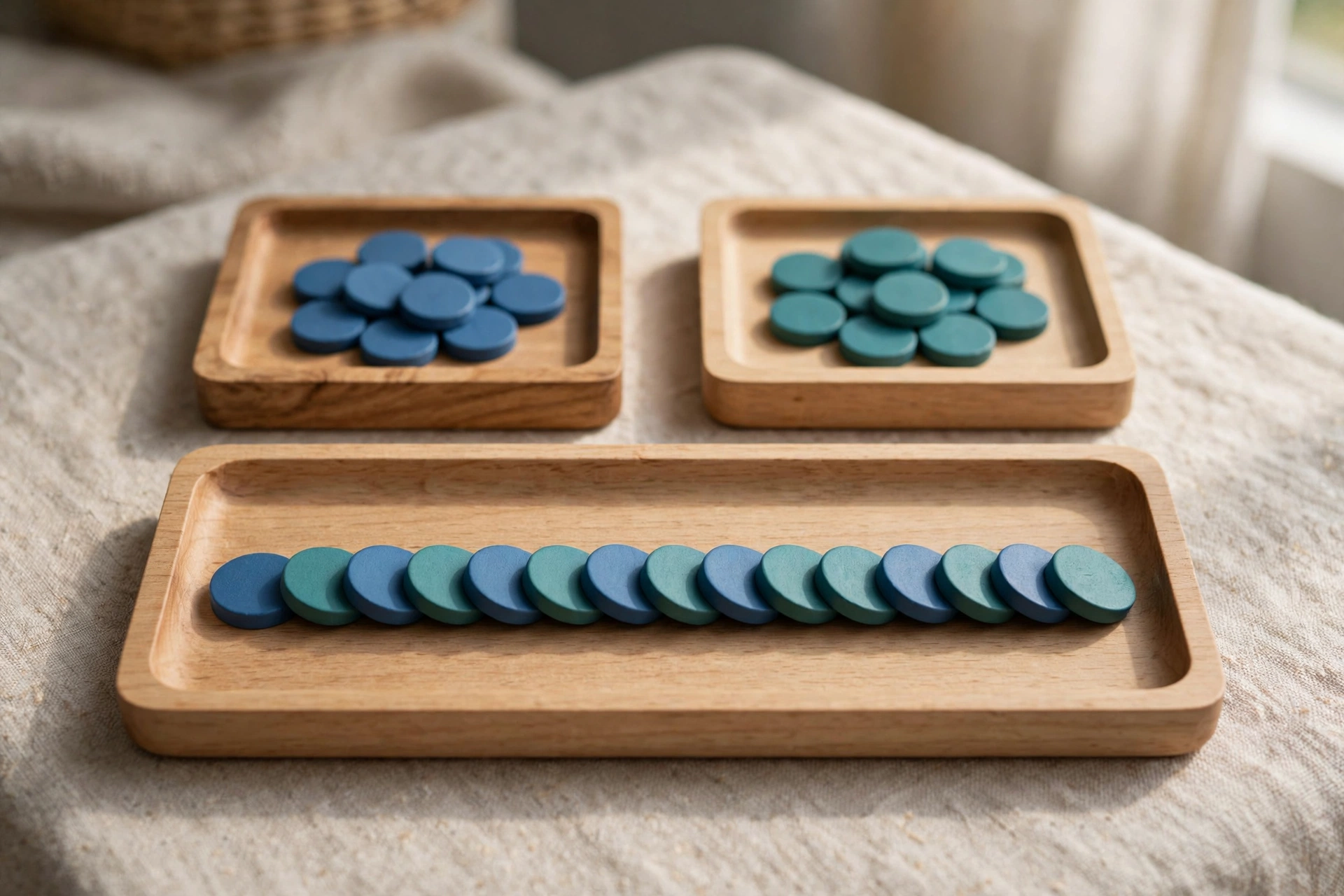 Two small wooden trays hold blue and teal tokens, with a larger tray in front displaying a neat sequence of both colors combined.