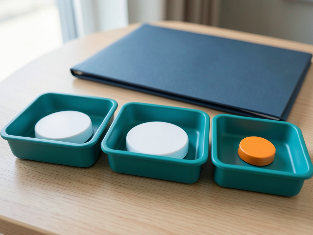 Three teal sorting trays with white tokens and one orange token sit on a wooden desk next to a closed blue folder.