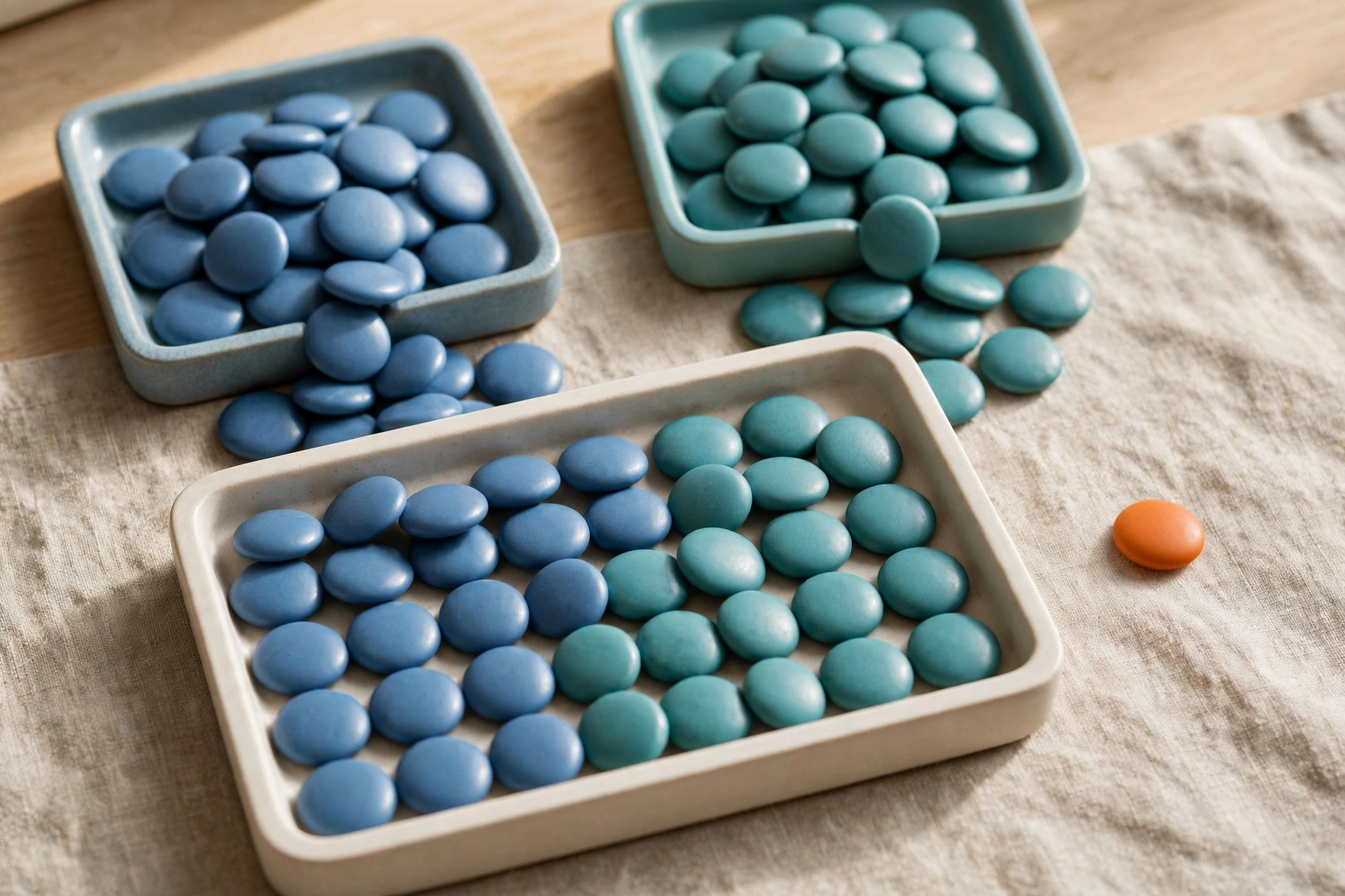 Two square trays of blue and teal tokens converge into a single rectangular tray on a textured surface.