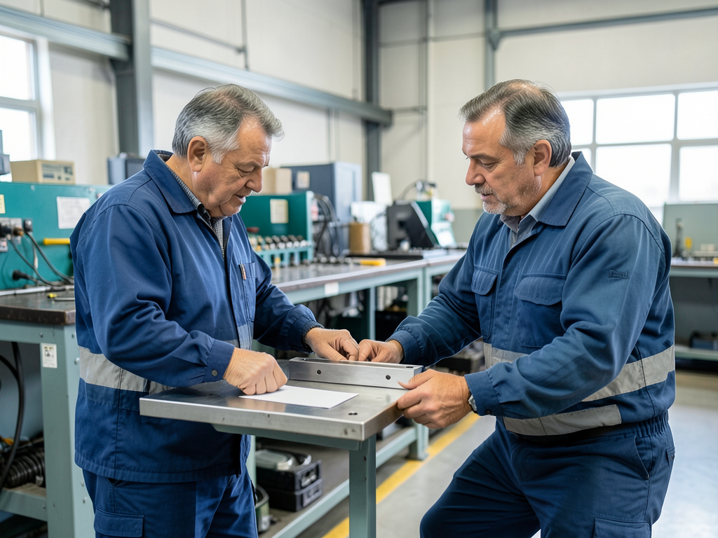 Two men in a factory work cell inspect a metal component and a blank document.