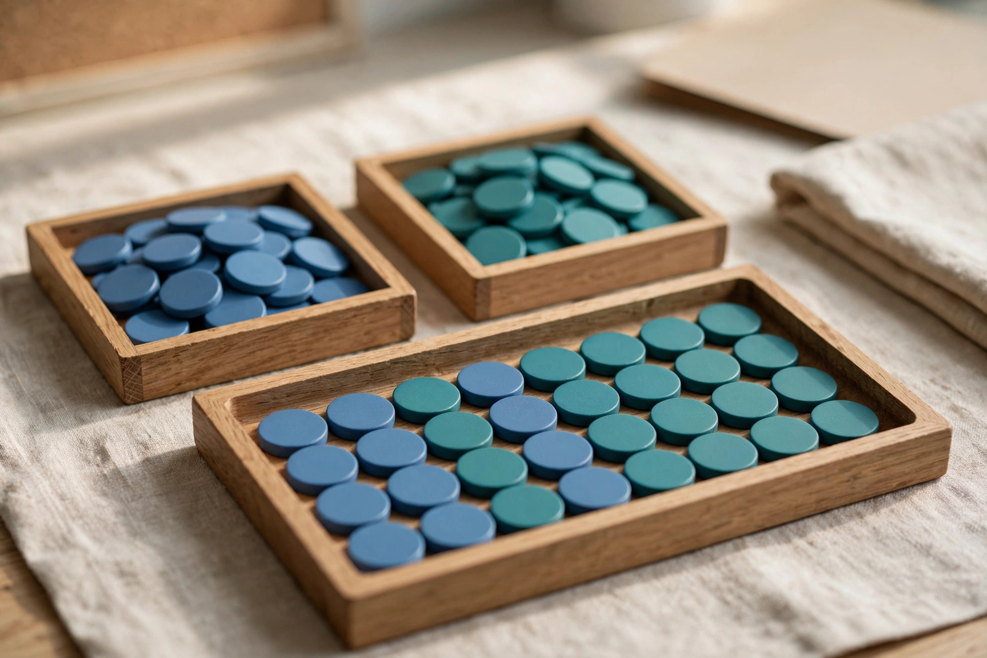 Three wooden trays hold blue and teal tokens, with one tray showing a combined sequence of both colors.