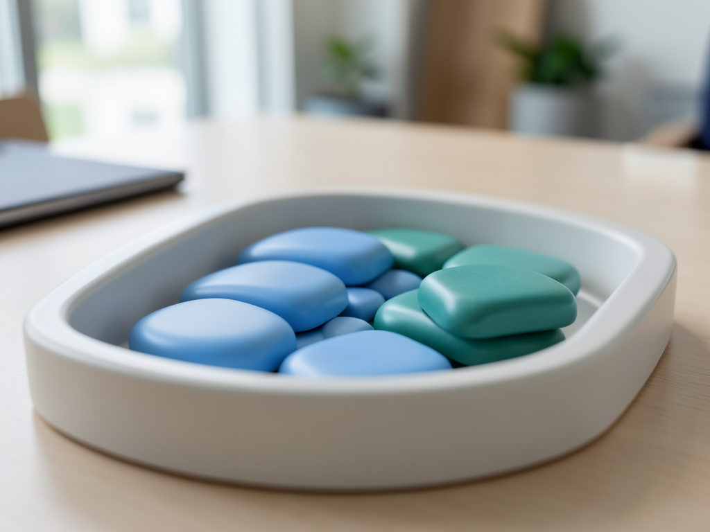 Blue and teal tokens are arranged in a white tray on a wooden desk, representing data consolidation.