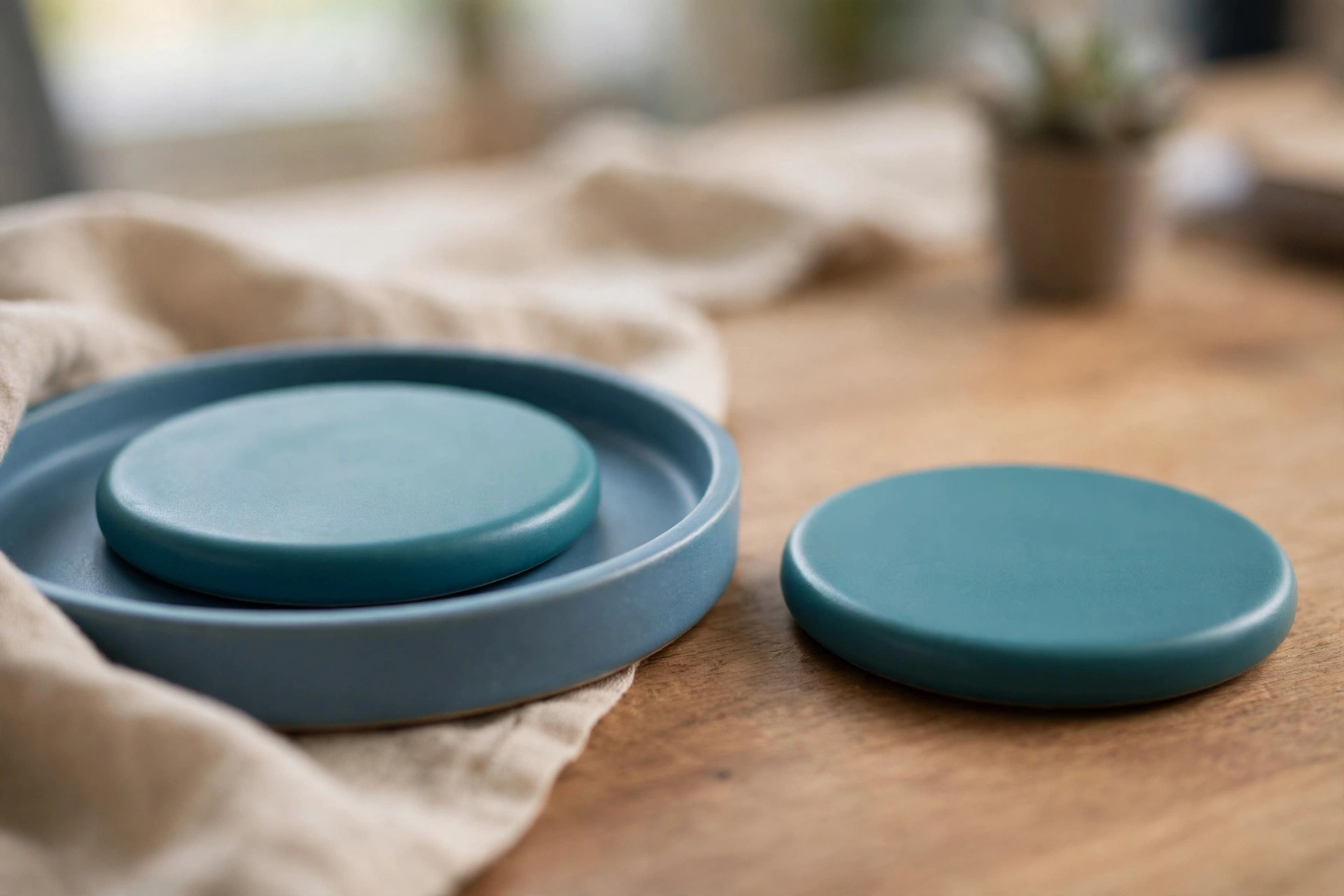 Two identical teal ceramic discs are displayed on a wooden surface, with one disc inside a blue tray and the other separated beside it.