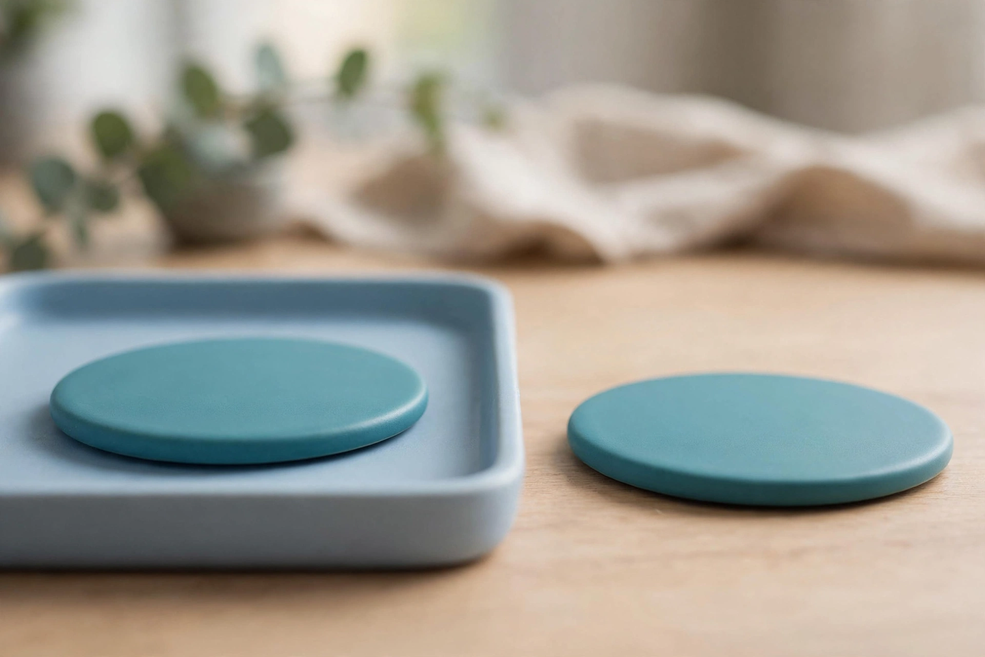 Two identical teal discs are shown, one resting in a blue tray and the other placed separately on a wooden desk.