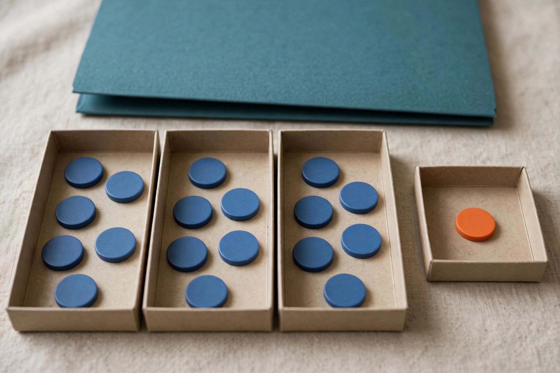 Blue tokens are distributed in three trays, with one orange token in a separate small tray, and a teal folder behind.