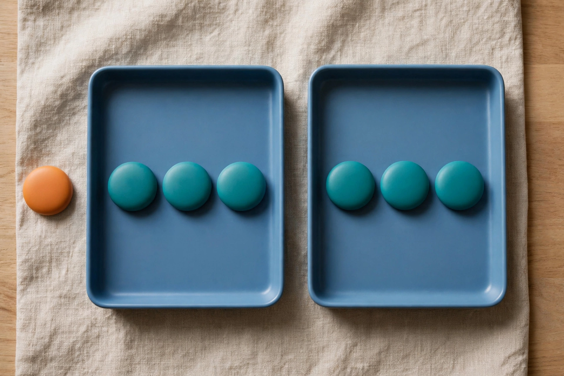 Two blue trays hold rows of teal tokens, with an orange token placed beside one tray on a neutral cloth.