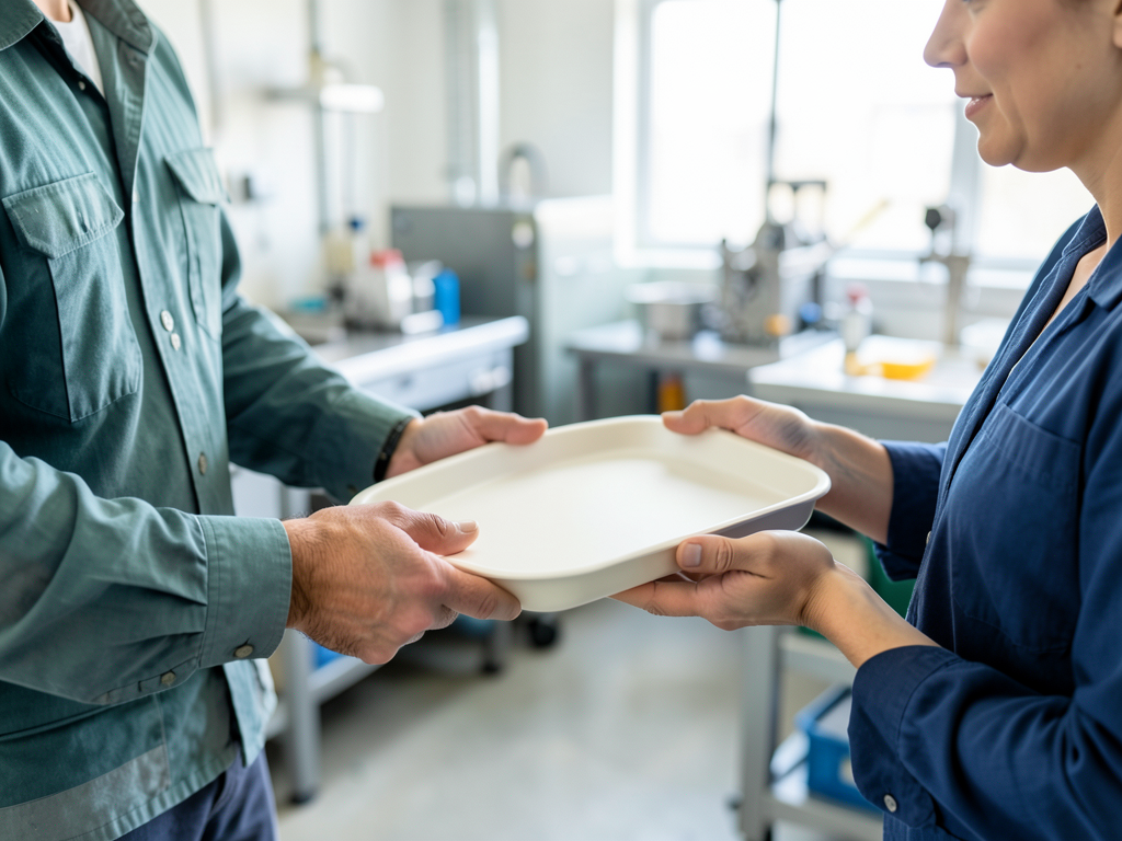 A plant operations colleague hands a plain sample tray to a customer-facing teammate in a bright manufacturing workshop.
