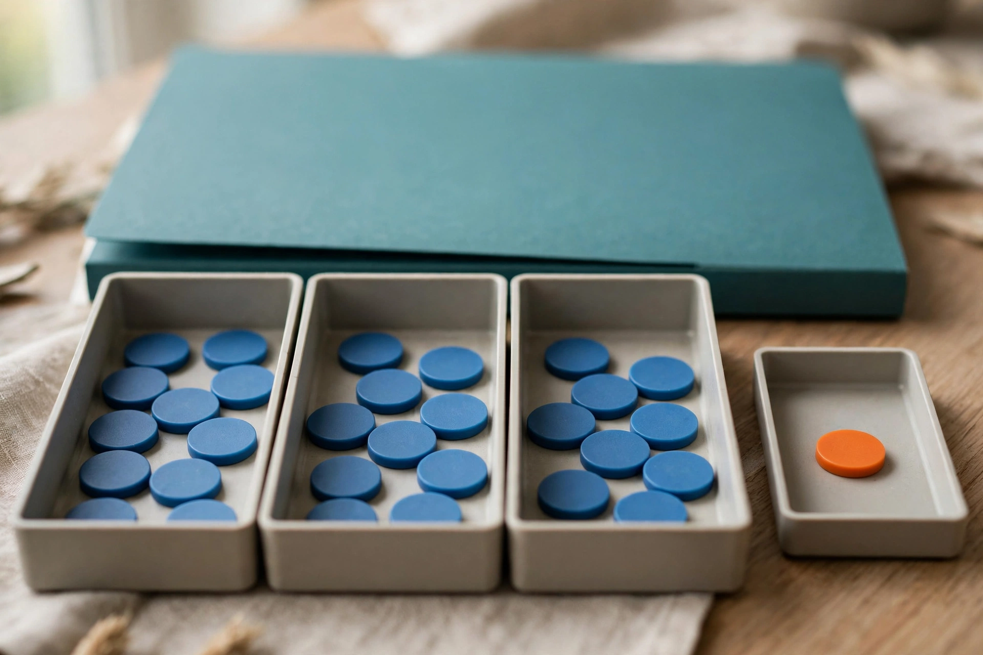 Three trays hold blue tokens, and a fourth tray holds a single orange token, with a teal folder behind them on a wooden surface.