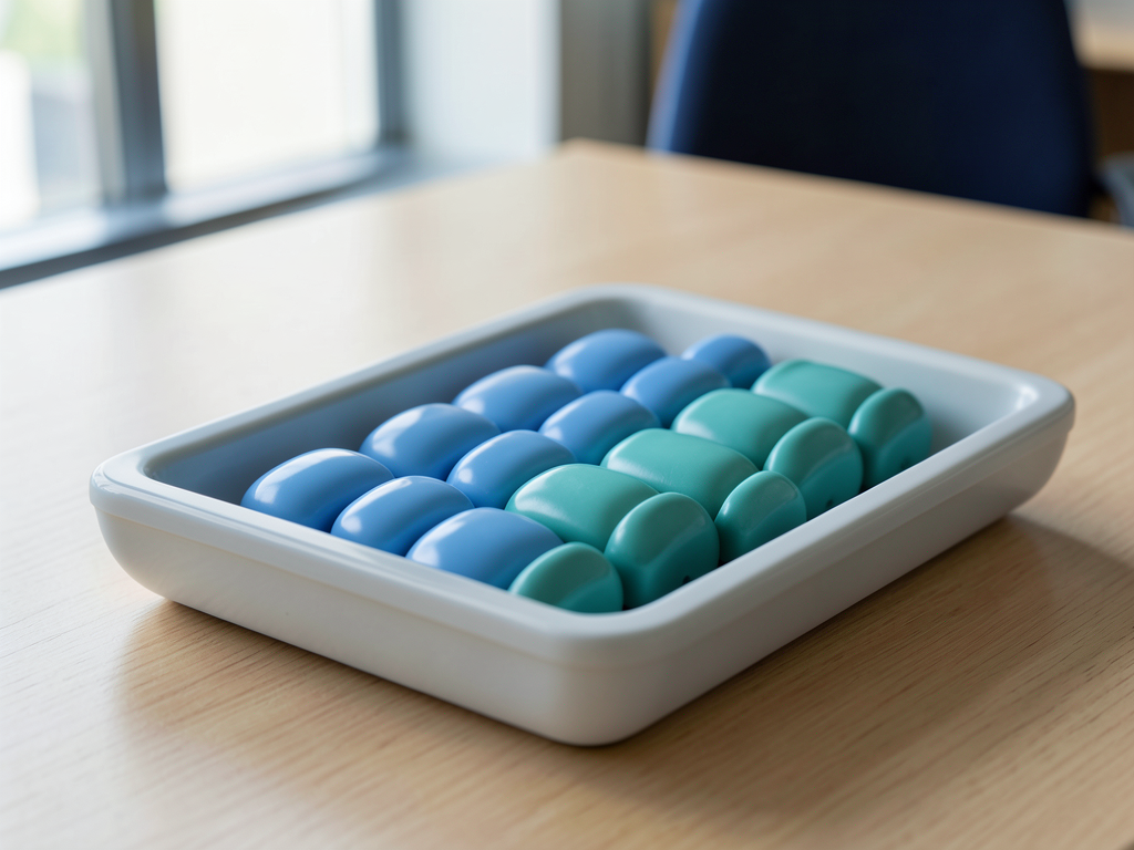 Blue and teal ceramic tokens converge into a neat ordered row in a shallow sorting tray on a wooden desk.