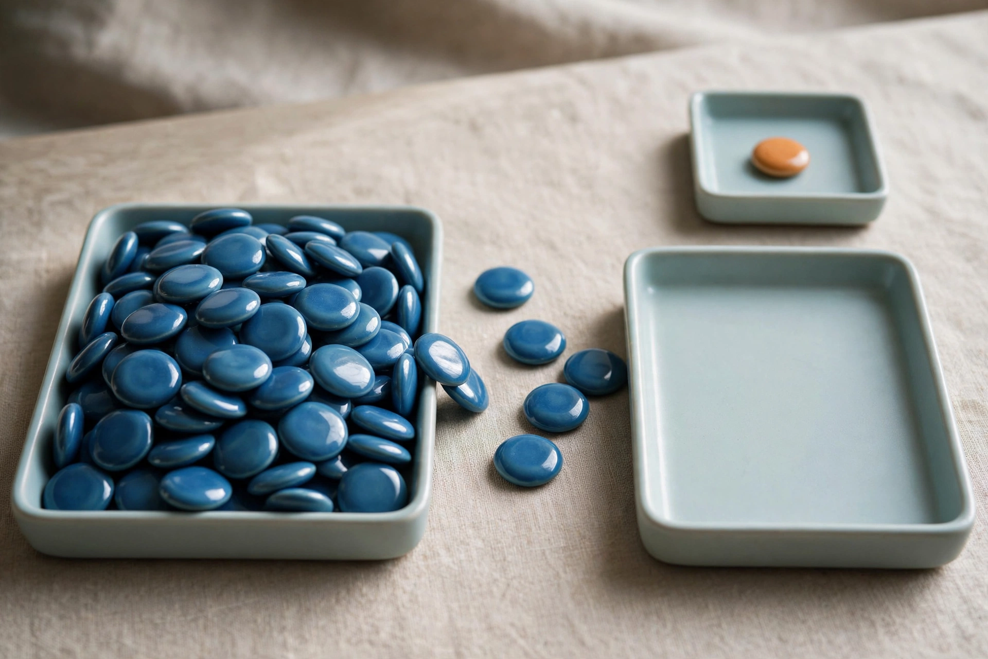 Three shallow trays hold blue ceramic tokens, with one tray containing an orange token, on a textured surface.
