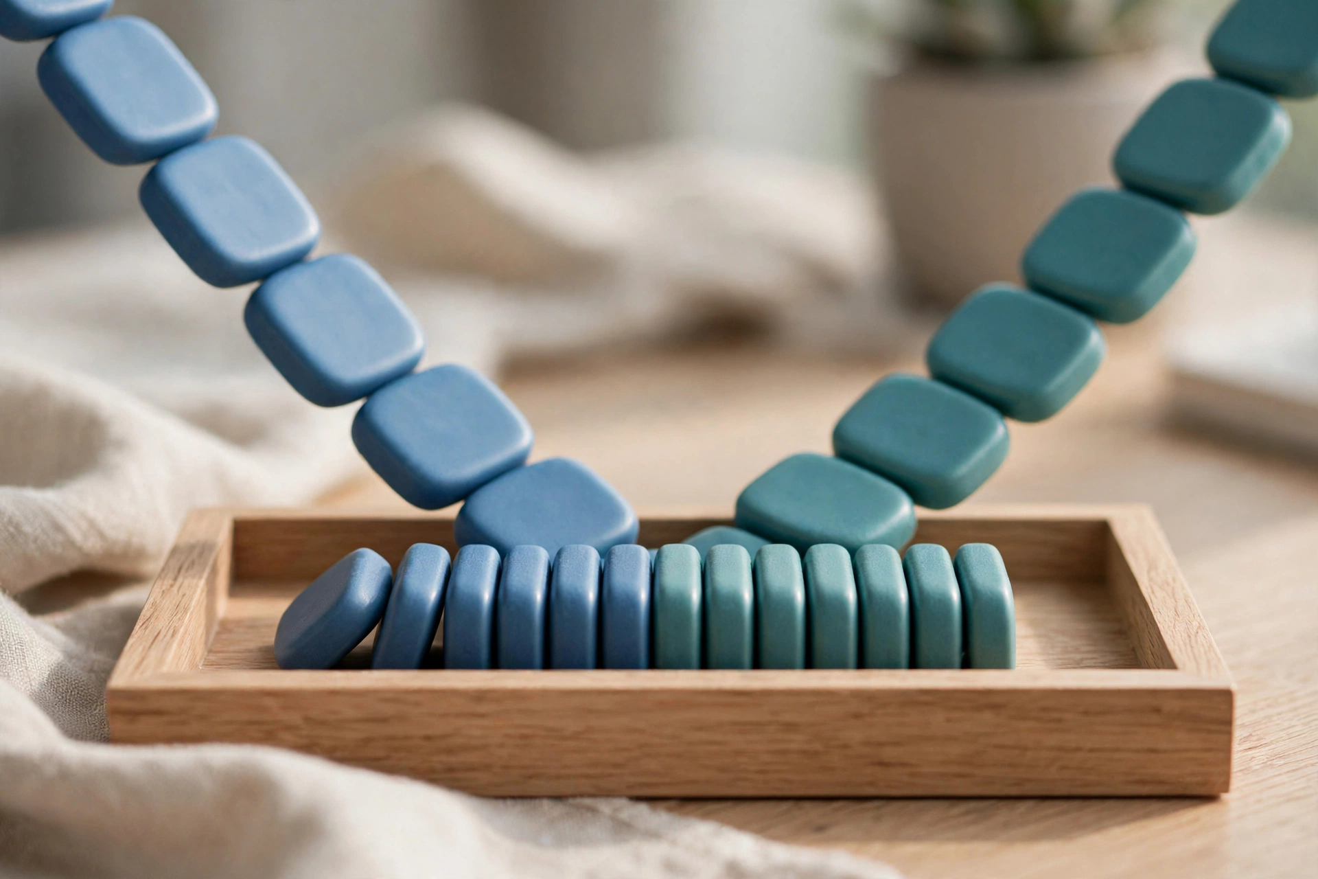 Two strands of blue and teal square beads converge into a wooden tray, symbolizing the integration of separate data streams.