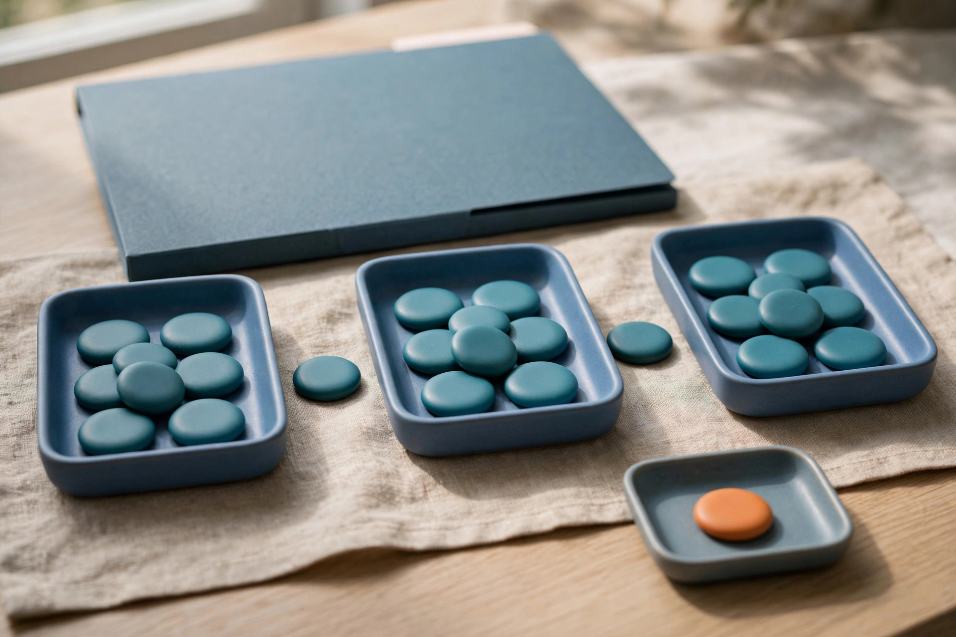 Three blue trays with teal tokens in a sequence and a separate tray with an orange token sit on a cloth with a blue folder behind.