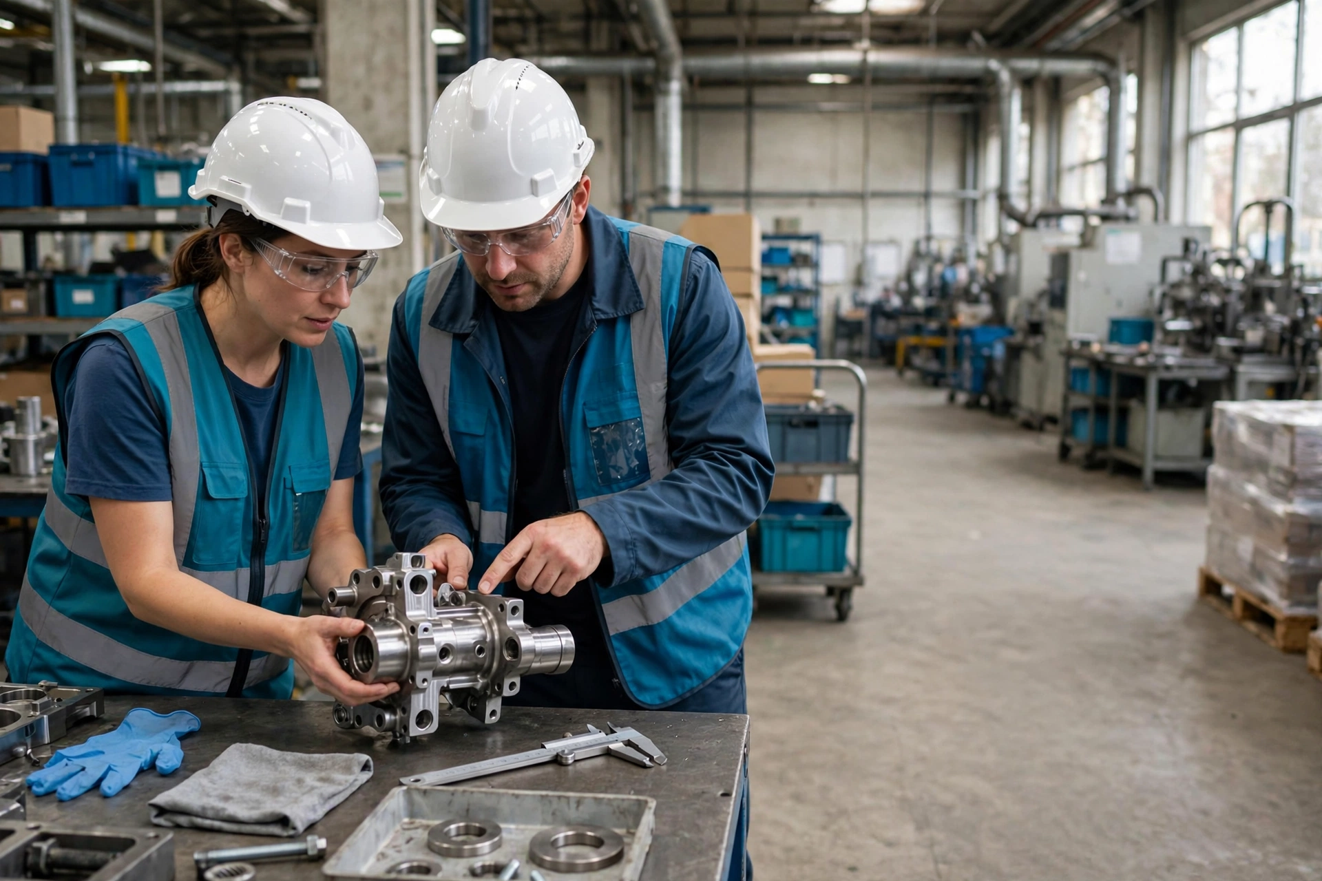 A male and female colleague wearing hard hats and safety glasses inspect a metal component in a factory work cell.