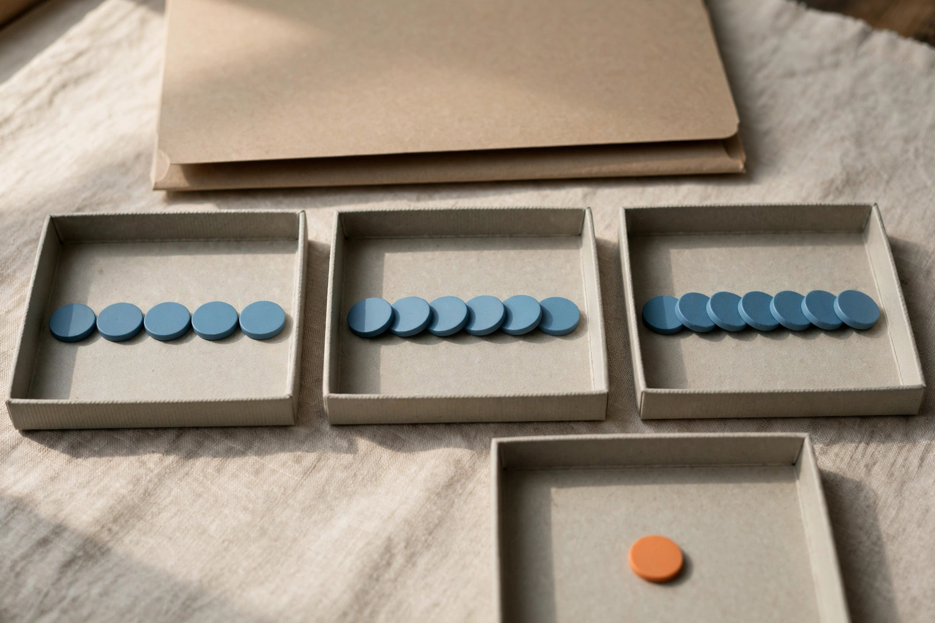Three shallow office trays with blue tokens progress in sequence, and a fourth tray holds a single orange token.