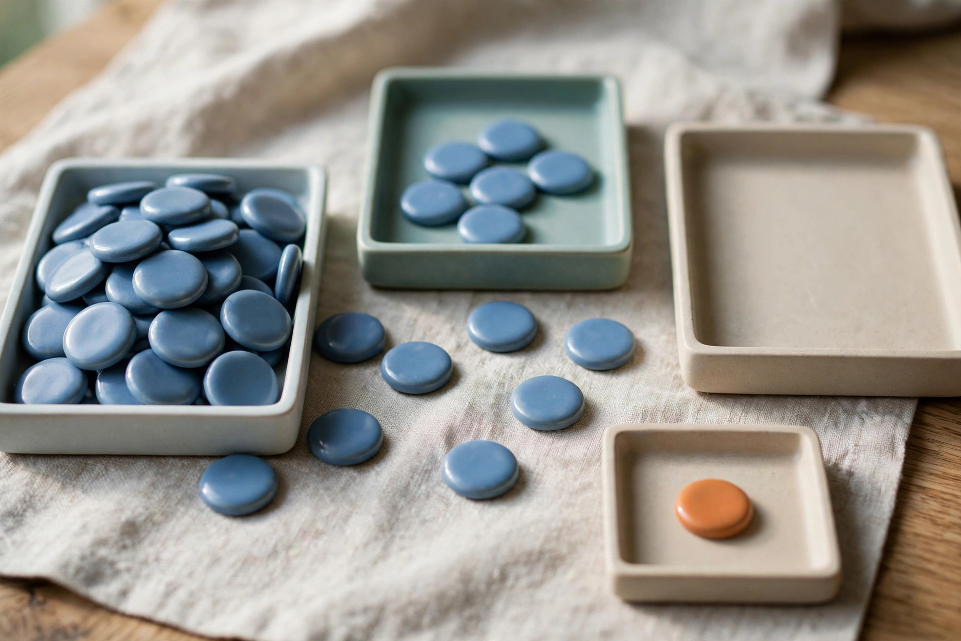 Three shallow trays hold blue tokens, with one tray empty and another holding a single orange token.