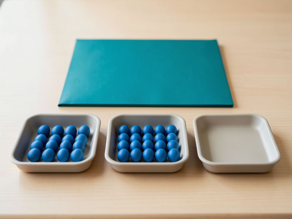 Three shallow trays with blue tokens and a teal folder are arranged on a wooden desk, symbolizing a project handoff.