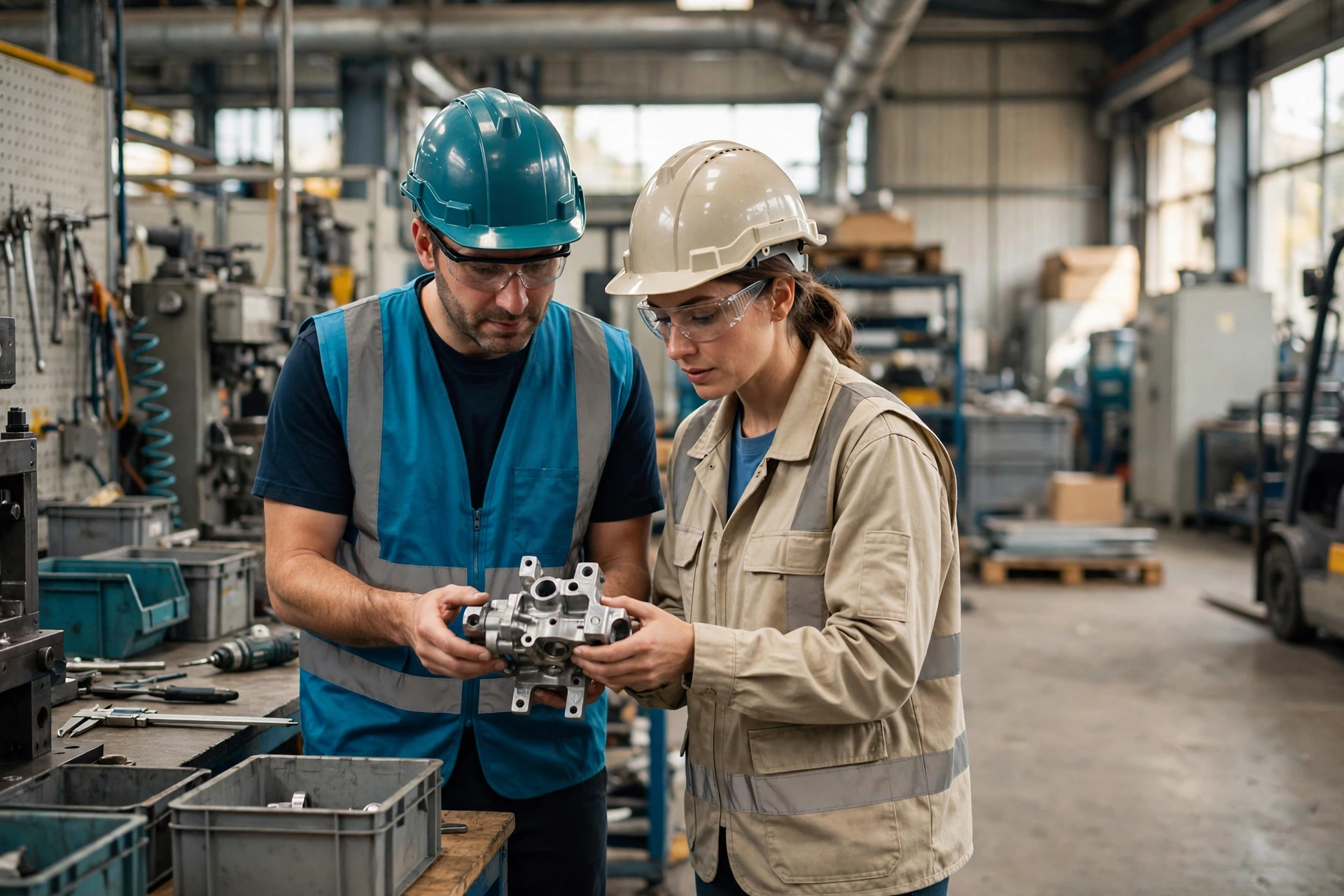 A man and a woman wearing hard hats and safety glasses inspect a metal component in a factory work cell.