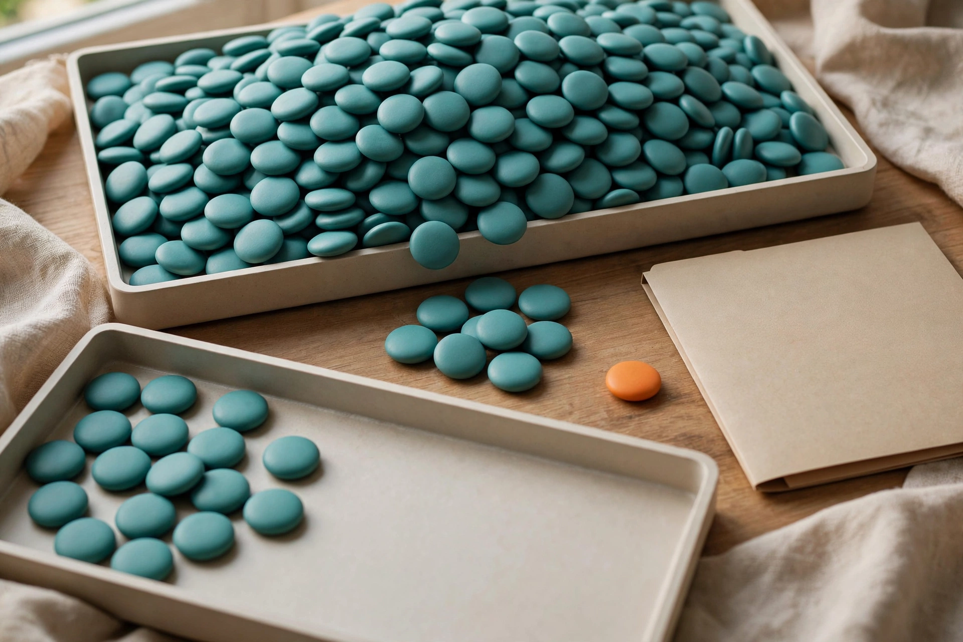 Teal tokens are arranged in trays, with some tokens reassigned between them, and an orange token sits beside a closed folder.