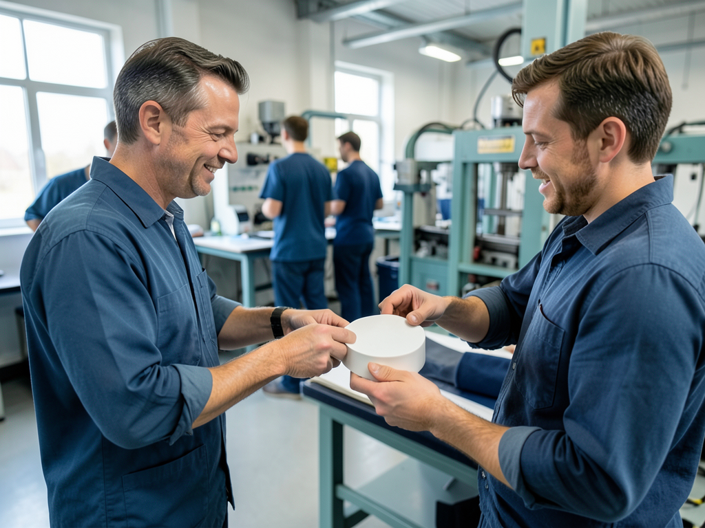 Two men in a manufacturing facility compare white circular parts while other workers are visible in the background.