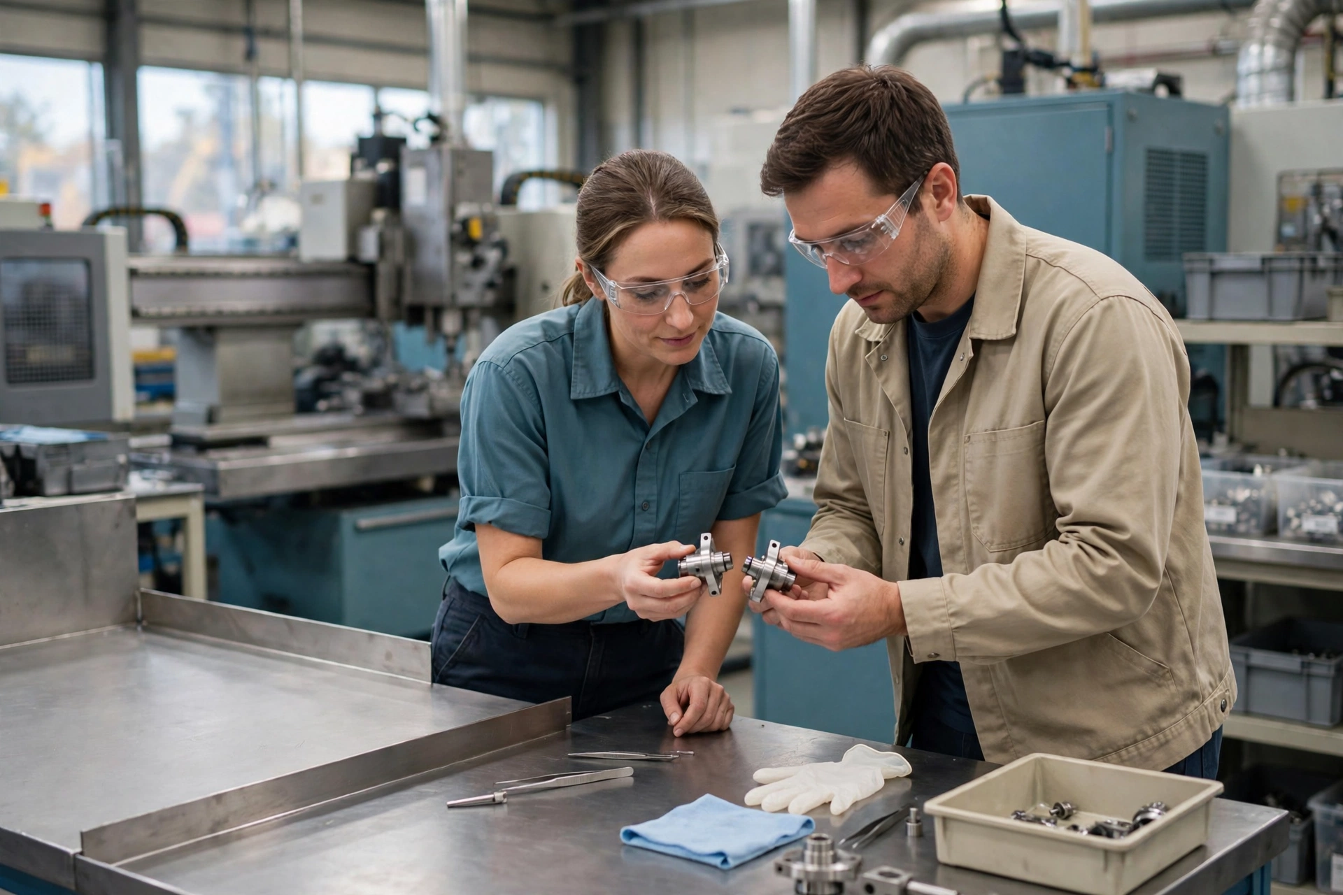 A woman and a man wearing safety glasses compare two metal components at a workbench in a manufacturing facility.