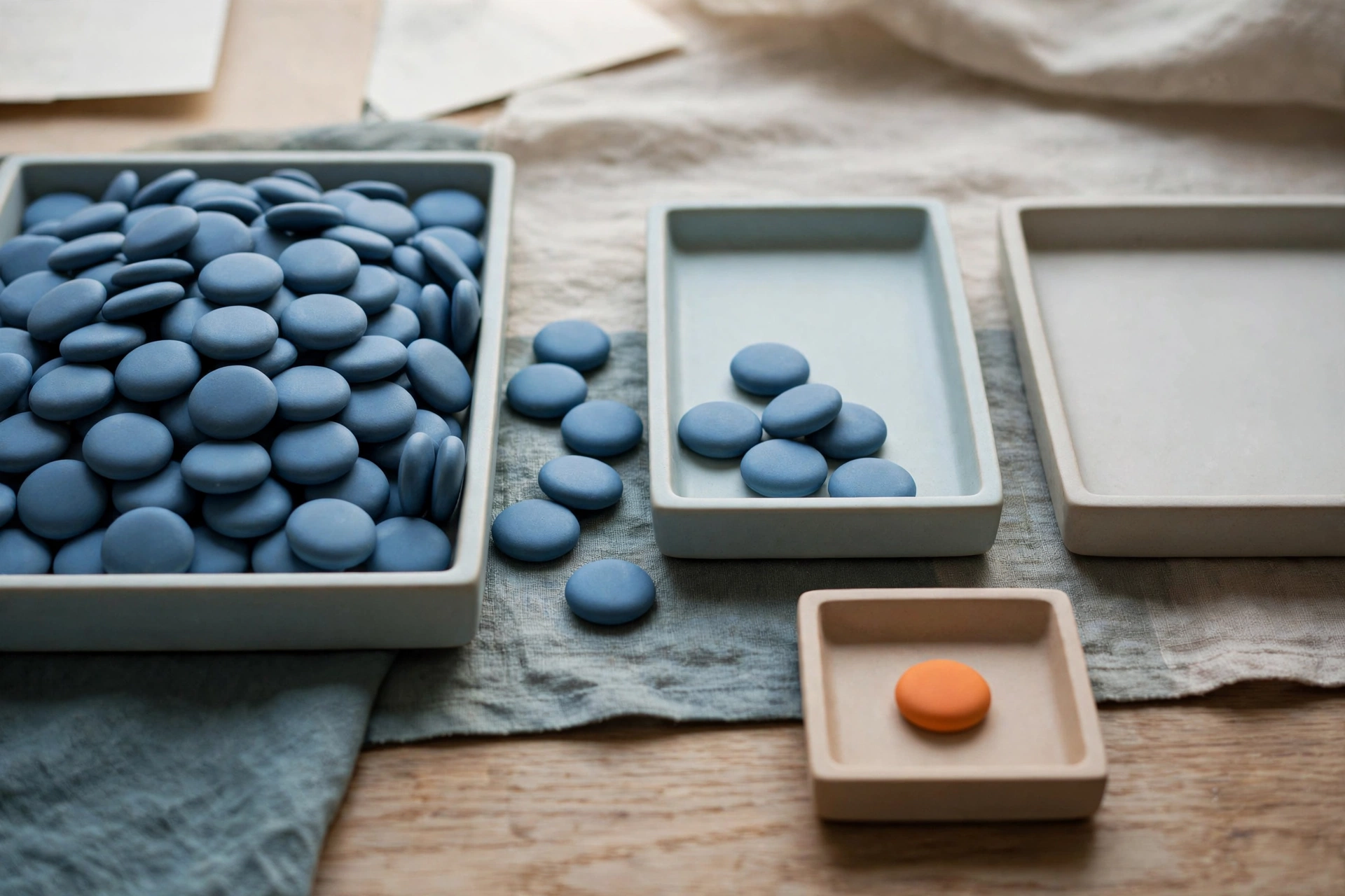 Three shallow trays hold blue ceramic tokens, with one tray containing an orange token, arranged on a textured surface.