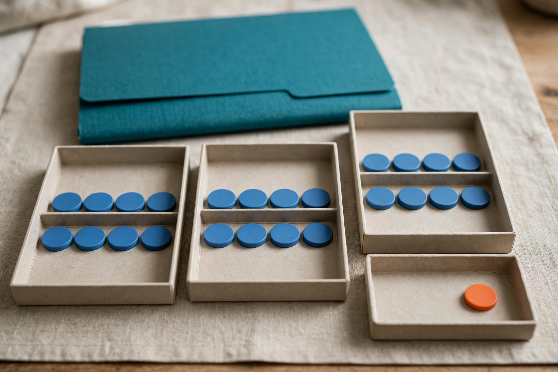 Blue tokens are distributed across three trays, with one orange token in a fourth, smaller tray, and a teal folder behind.