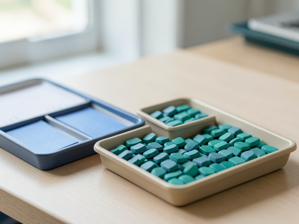 Two trays of blue and teal tokens are combined into one organized tray on a wooden desk.