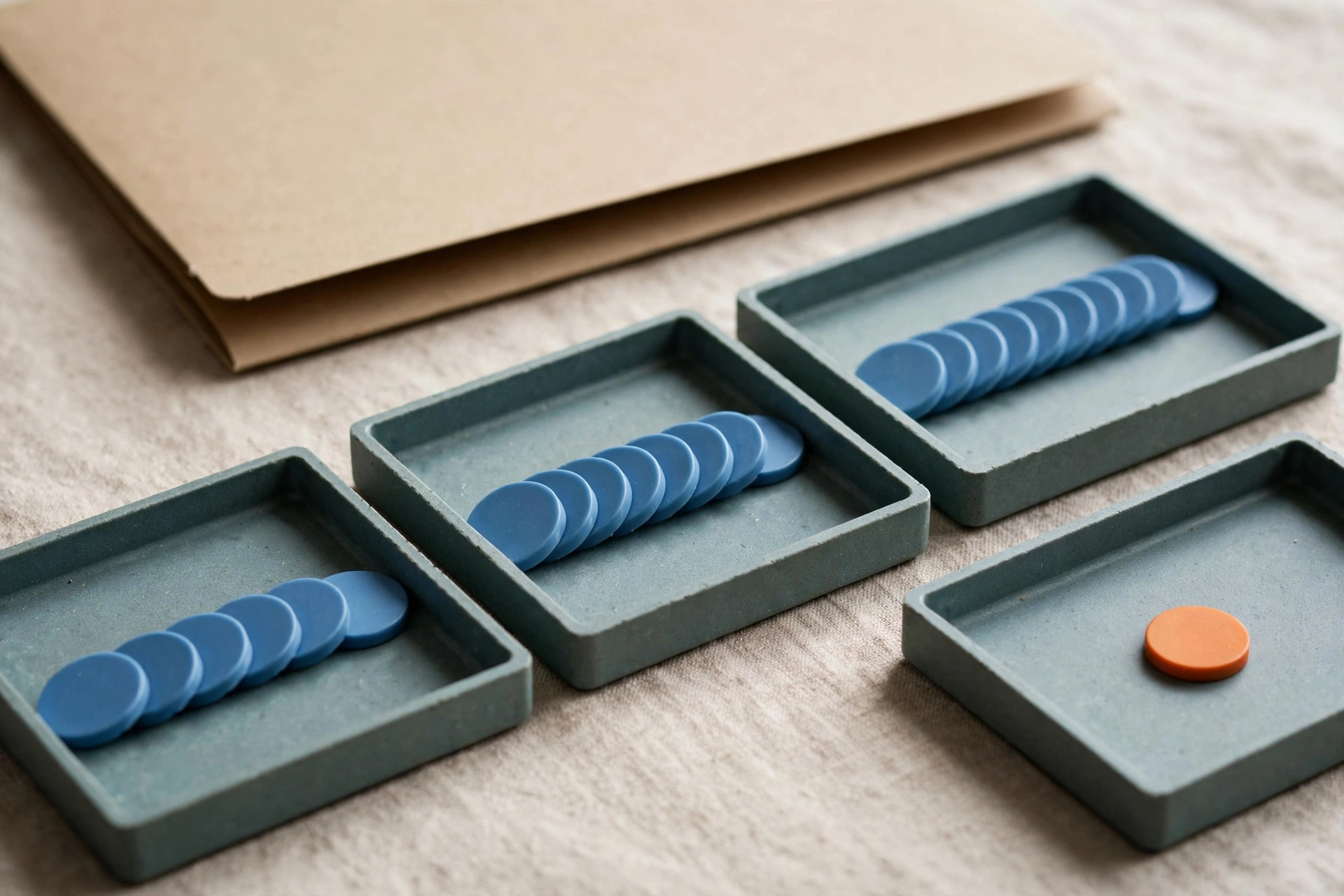 Three office trays with blue tokens progress to a fourth tray with one orange token, with a folder behind.