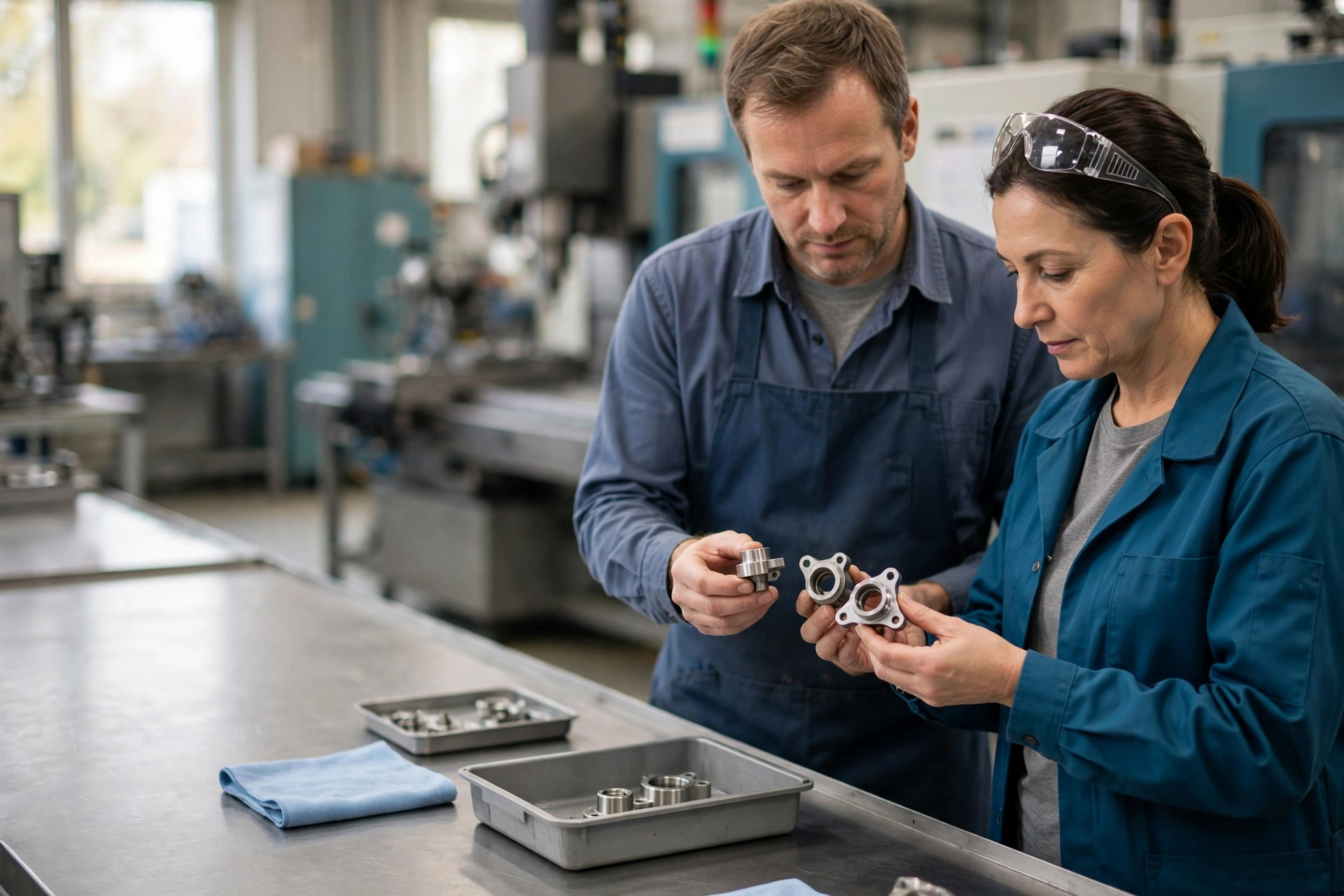 A man and a woman examine metal components at a workbench in a manufacturing facility.