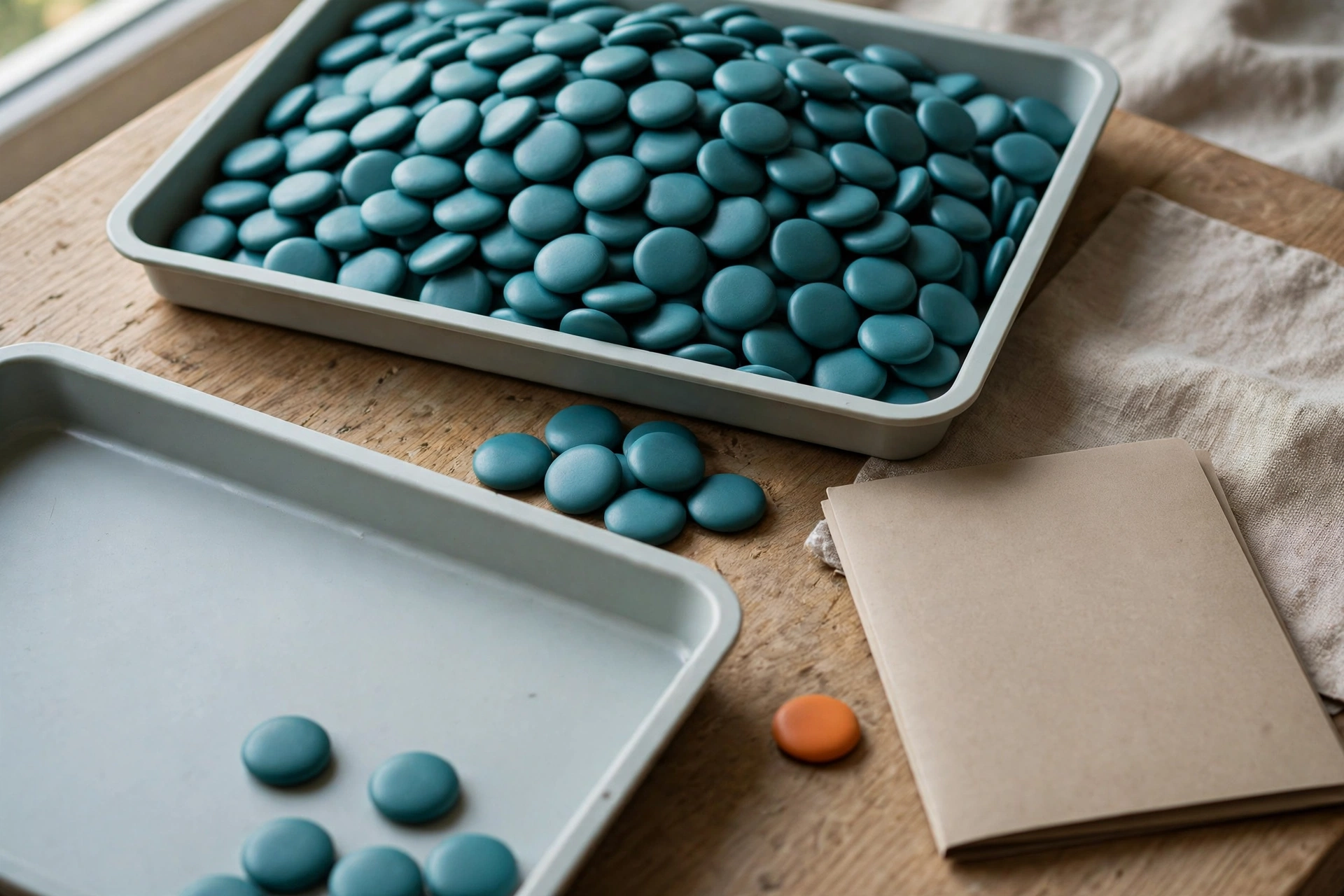 Teal tokens are in two trays, with some tokens between them and one orange token beside a folder.