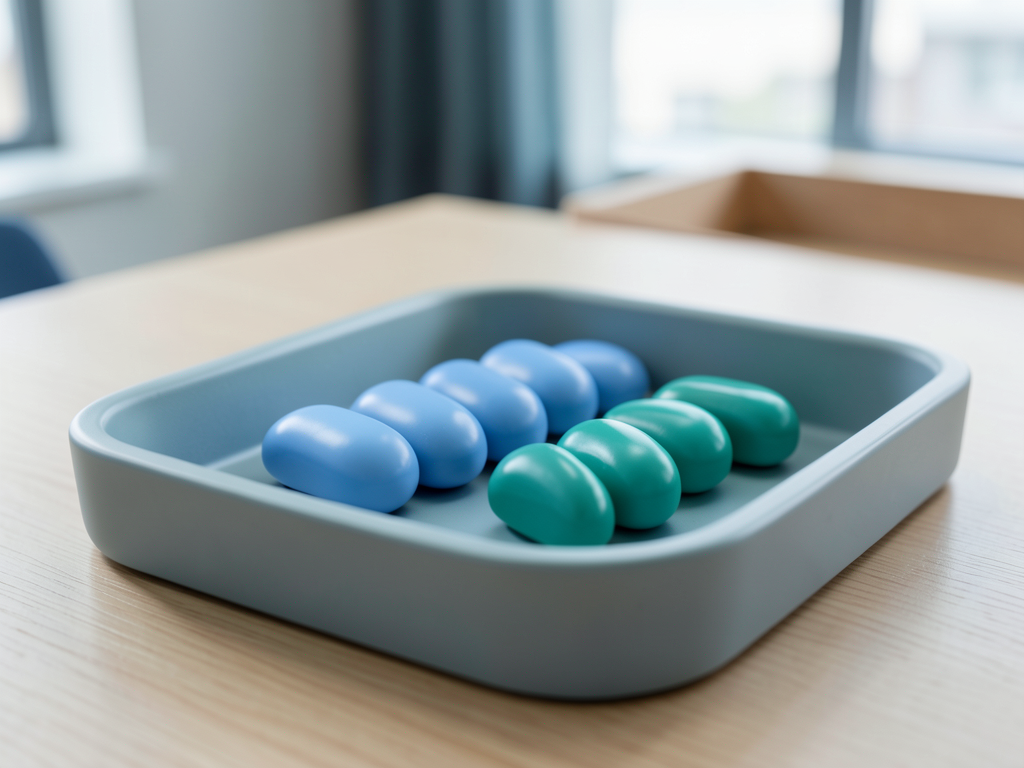 Blue and teal ceramic tokens are arranged in a sorting tray on a wooden desk, representing data convergence.