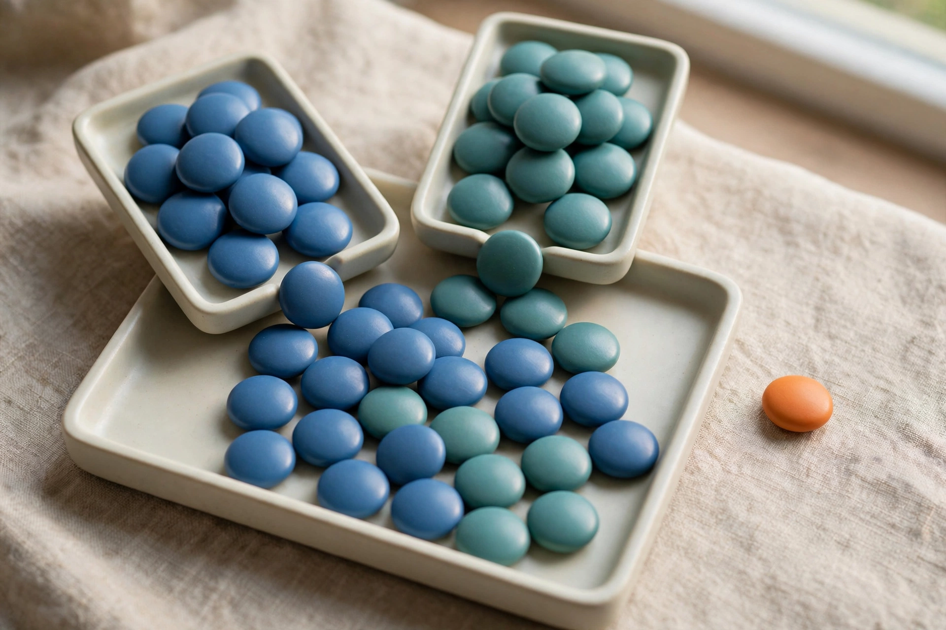 Two rectangular trays hold blue and teal tokens, with some tokens spilling into a larger tray below, and one orange token sits to the side.