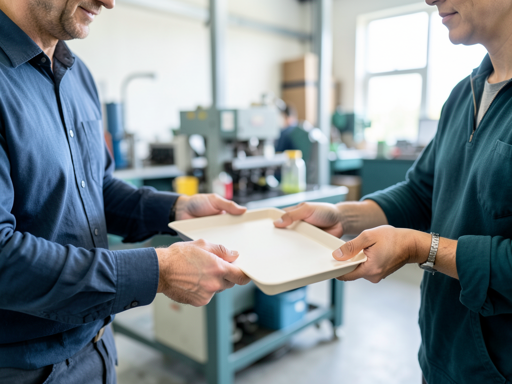 Two men in a manufacturing workshop exchange a plain sample tray between them.