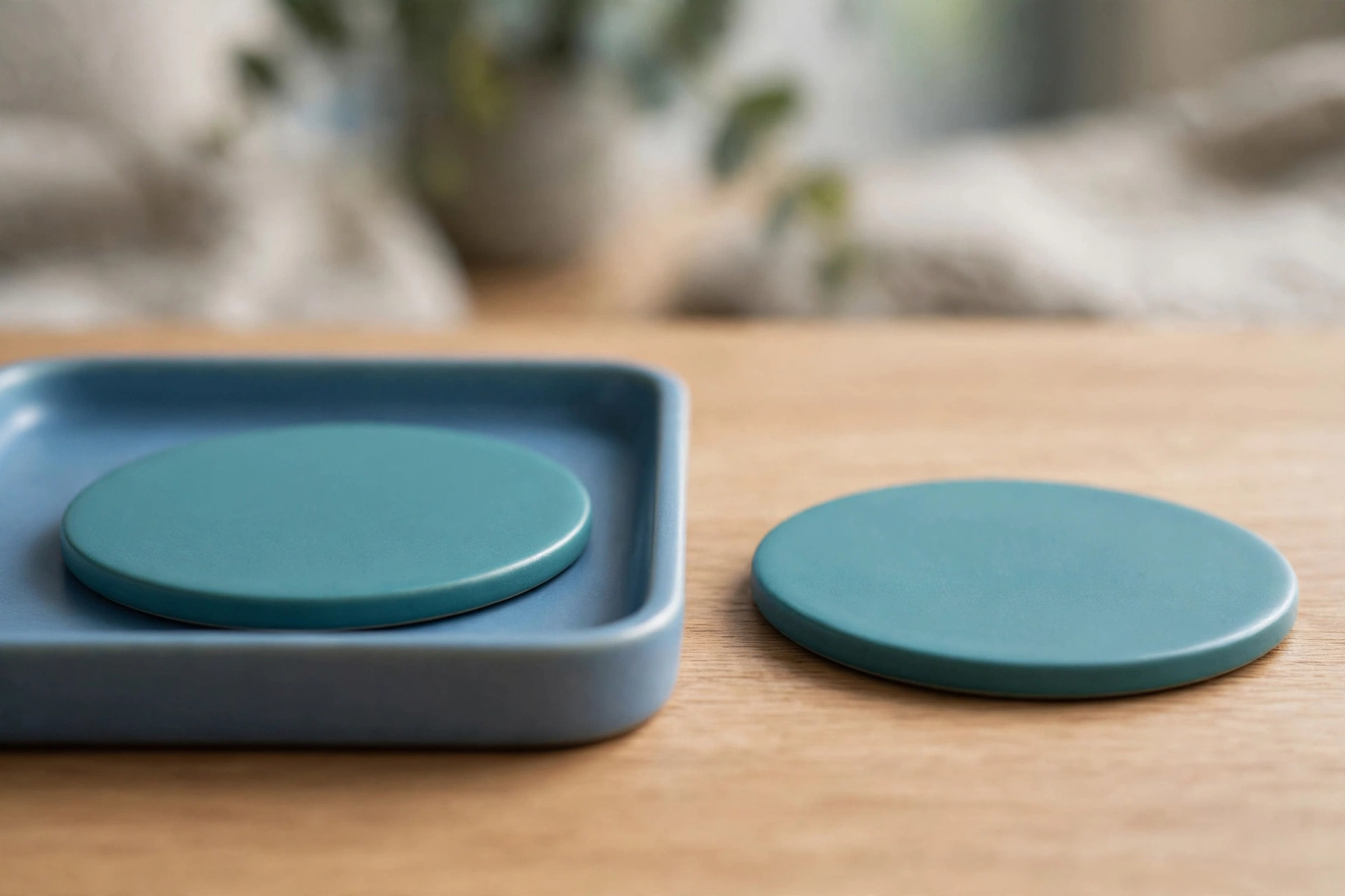 Two identical teal discs are shown on a wooden desk; one disc is inside a blue tray, and the other is placed separately beside it.