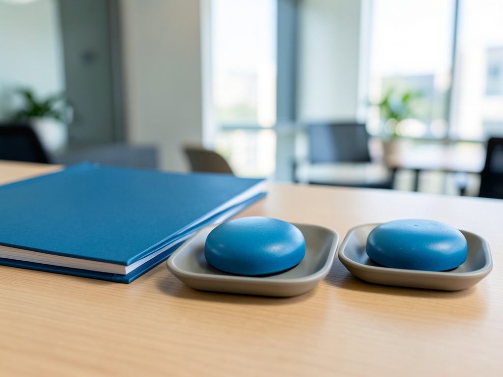 A blue folder and blue tokens in shallow trays are arranged on a wooden desk in a blurred office setting.