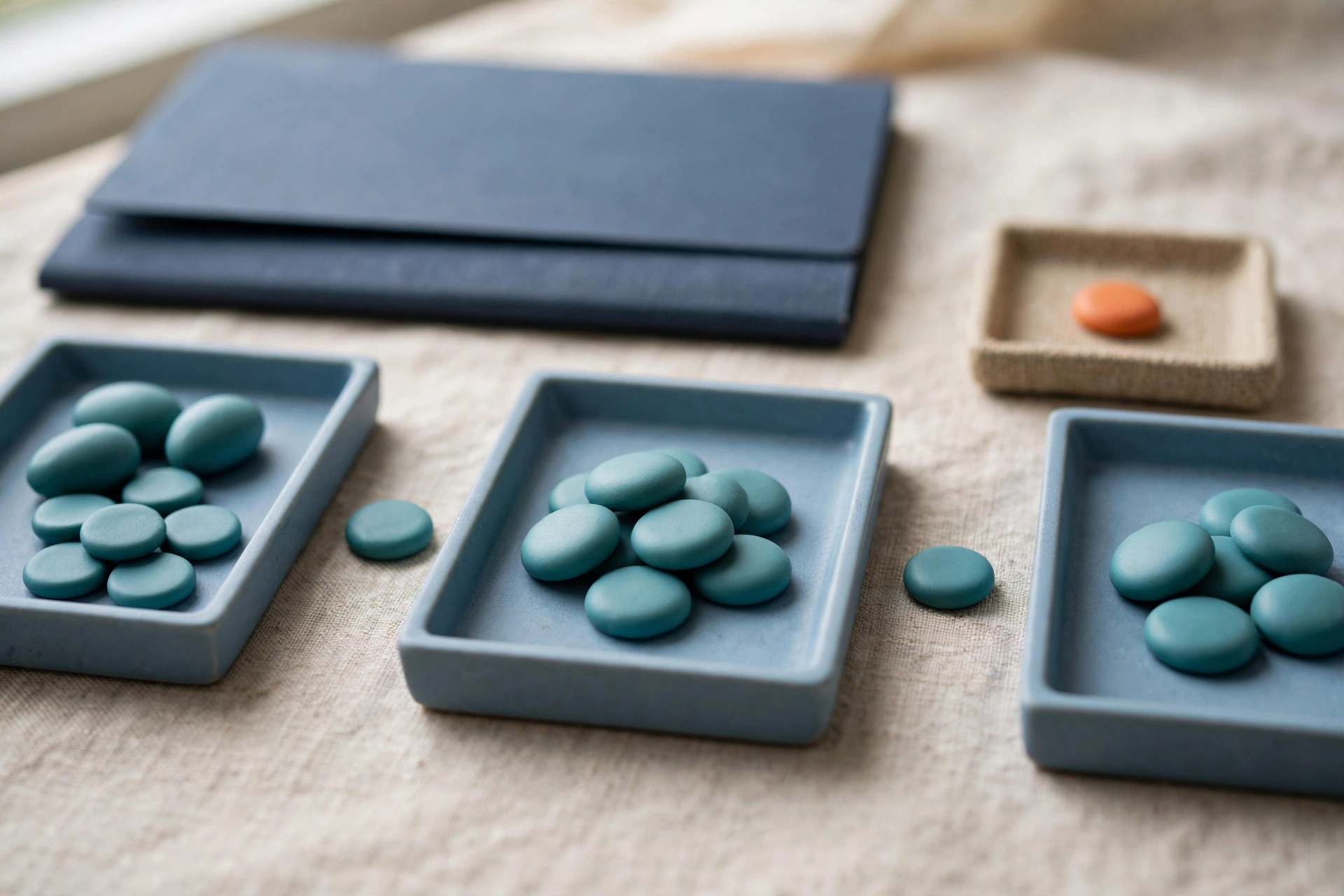 Three blue trays with teal tokens in sequence and a separate tray with an orange token sit on a textured surface.