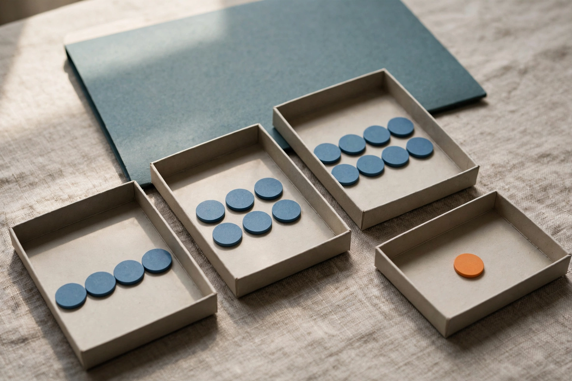Four shallow office trays with blue tokens progress from left to right, with one orange token in the rightmost tray.