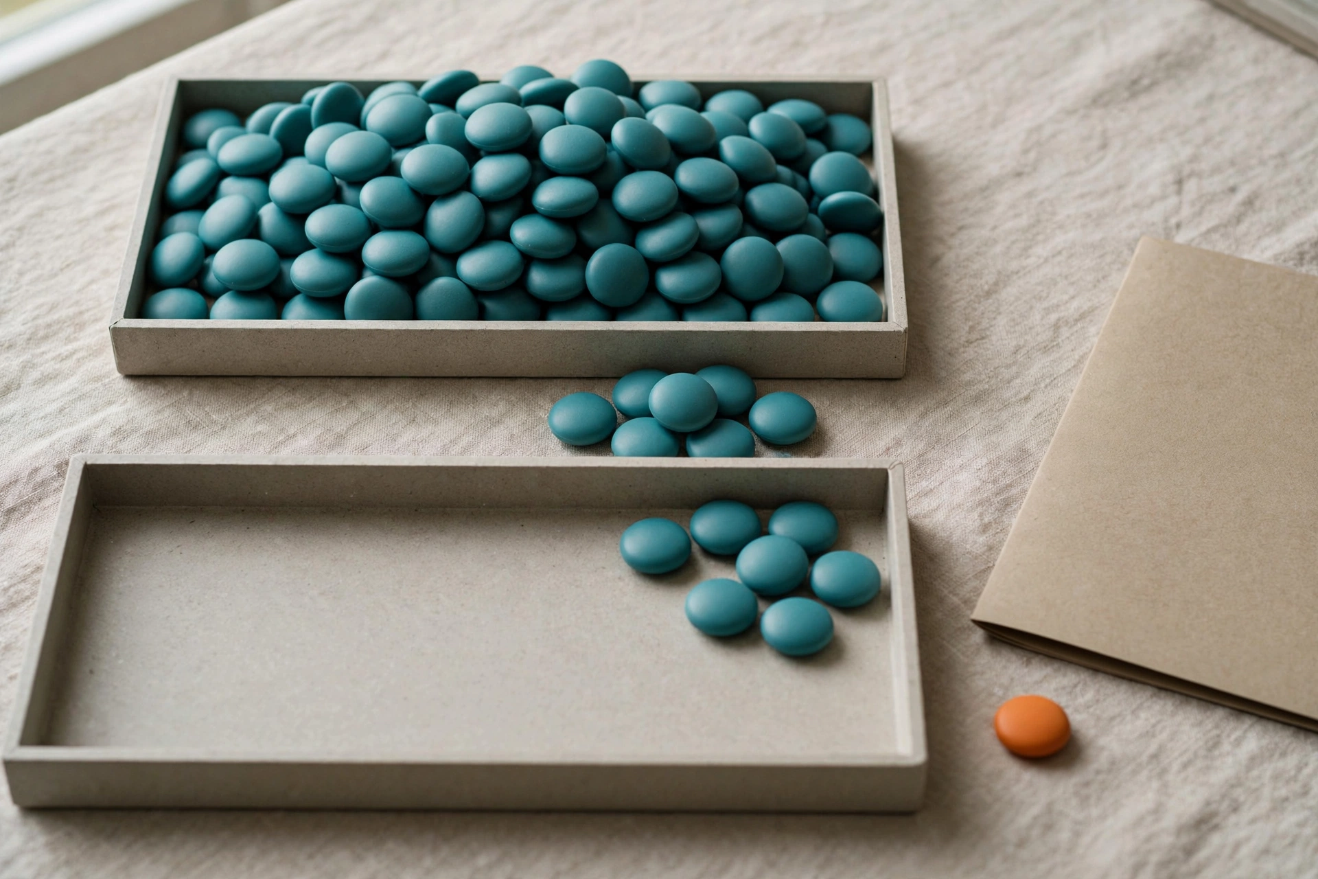 Two trays of teal tokens and one orange token sit on a textured surface next to a closed folder.