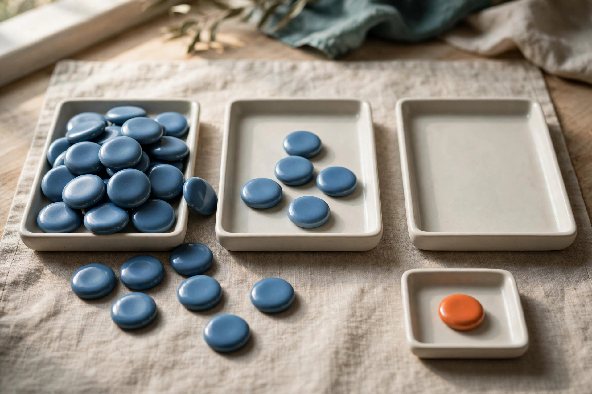 Three shallow trays hold blue ceramic tokens, with one small tray holding a single orange token, arranged on a neutral cloth.