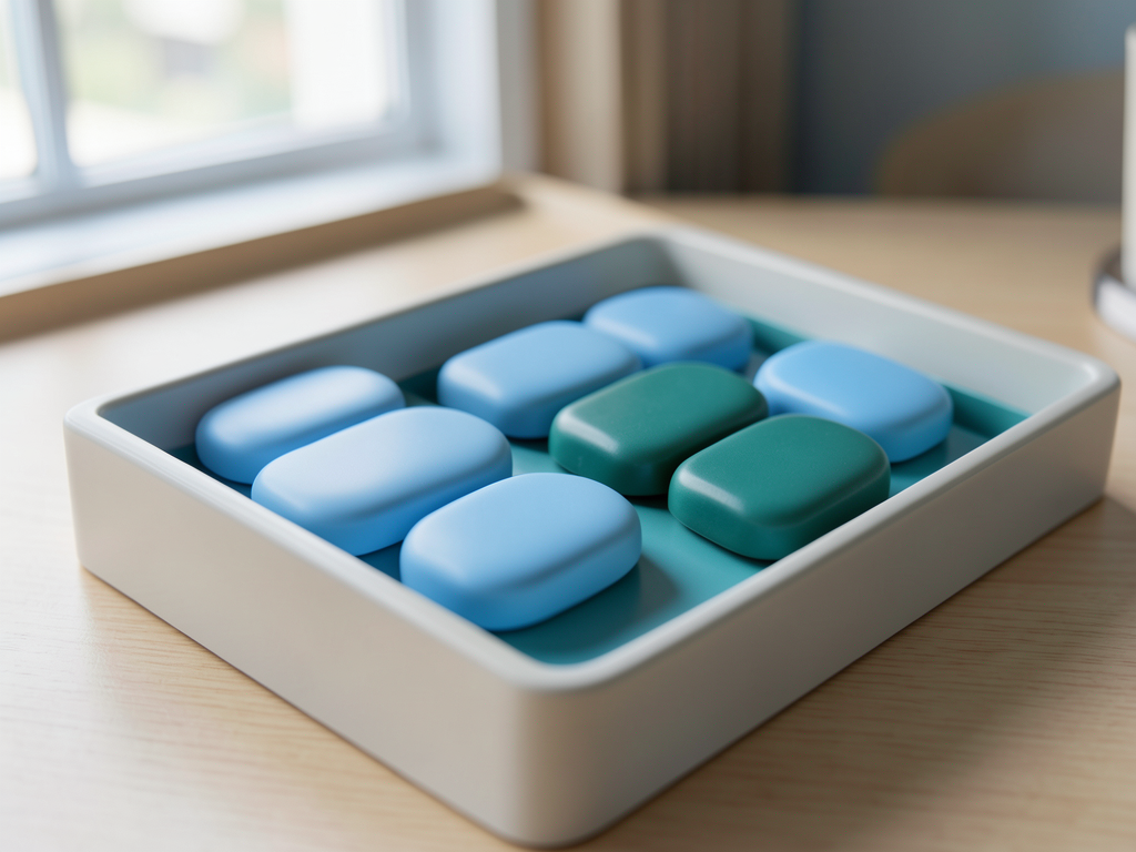 Blue and teal ceramic tokens are arranged in a shallow sorting tray on a wooden desk.