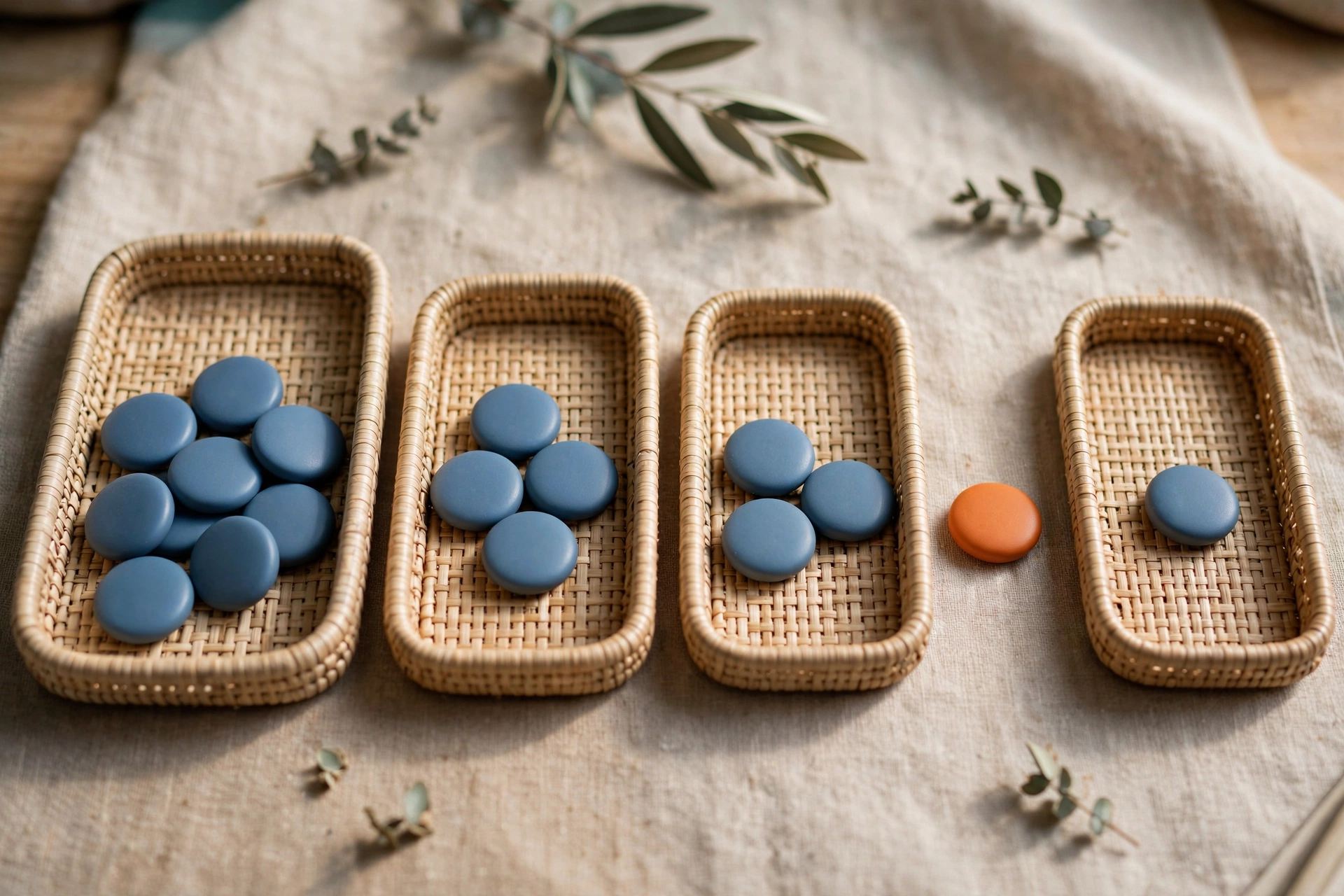 Four woven trays hold decreasing groups of blue tokens, with one orange token beside an intermediate tray.