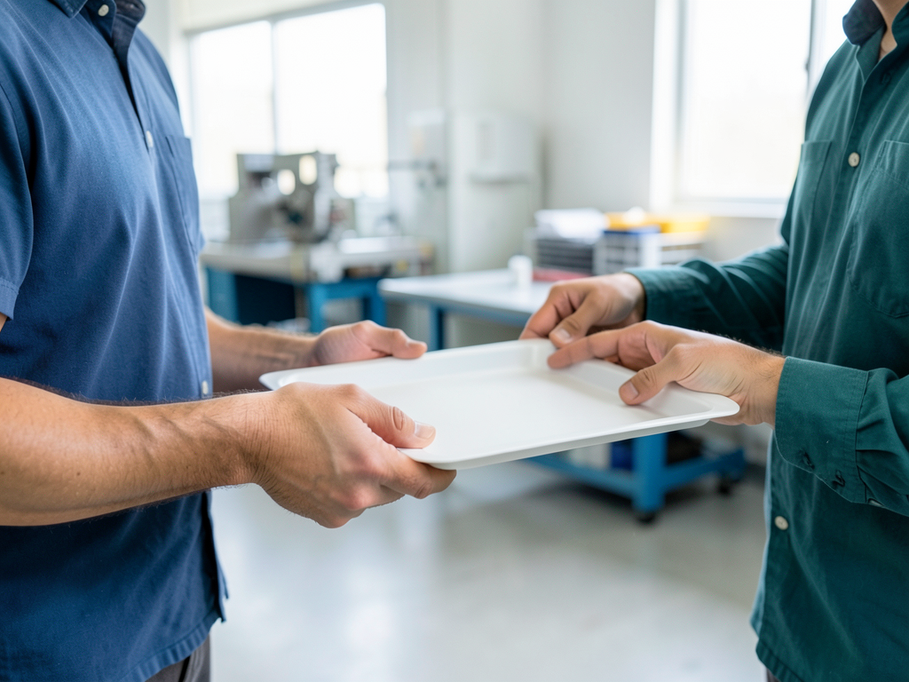 A plant operations colleague hands a plain sample tray to a customer-facing teammate in a bright manufacturing workshop.