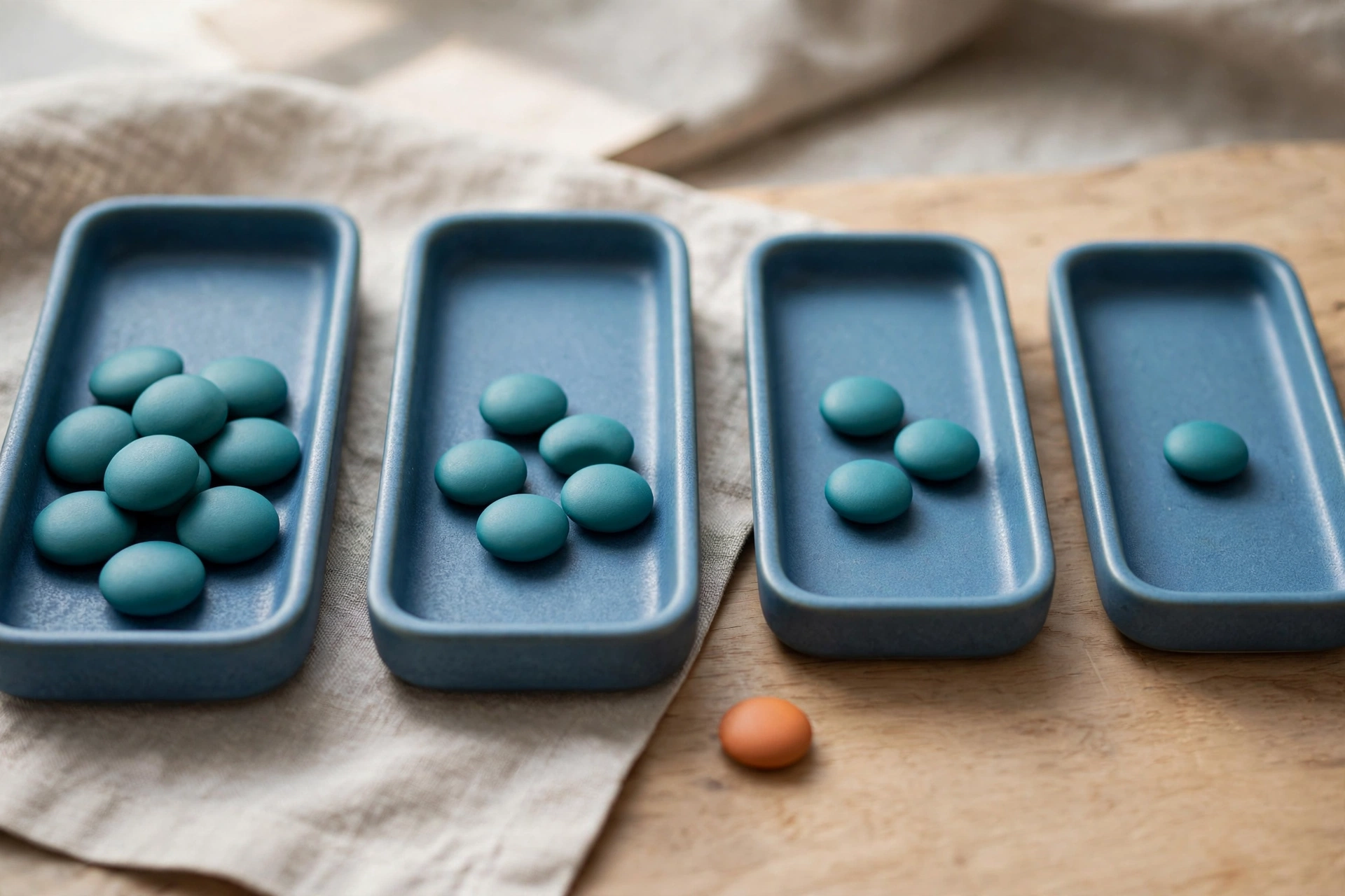 Four blue trays with teal tokens and one orange token are arranged on a wooden surface with a cloth.