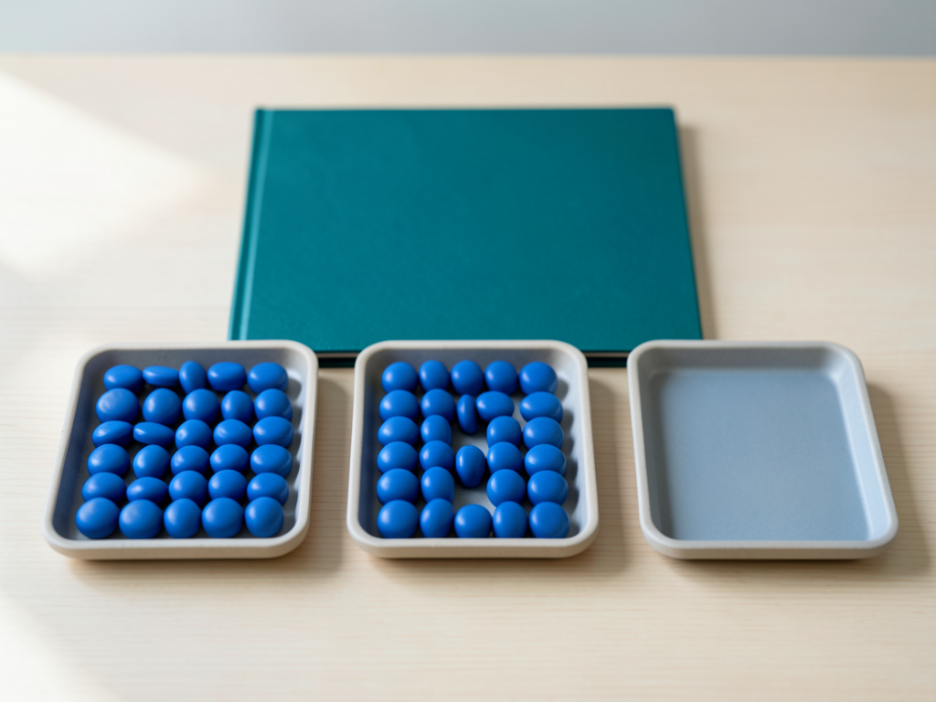 Three shallow trays with blue tokens and a teal folder are arranged on a wooden desk, symbolizing a project handoff.