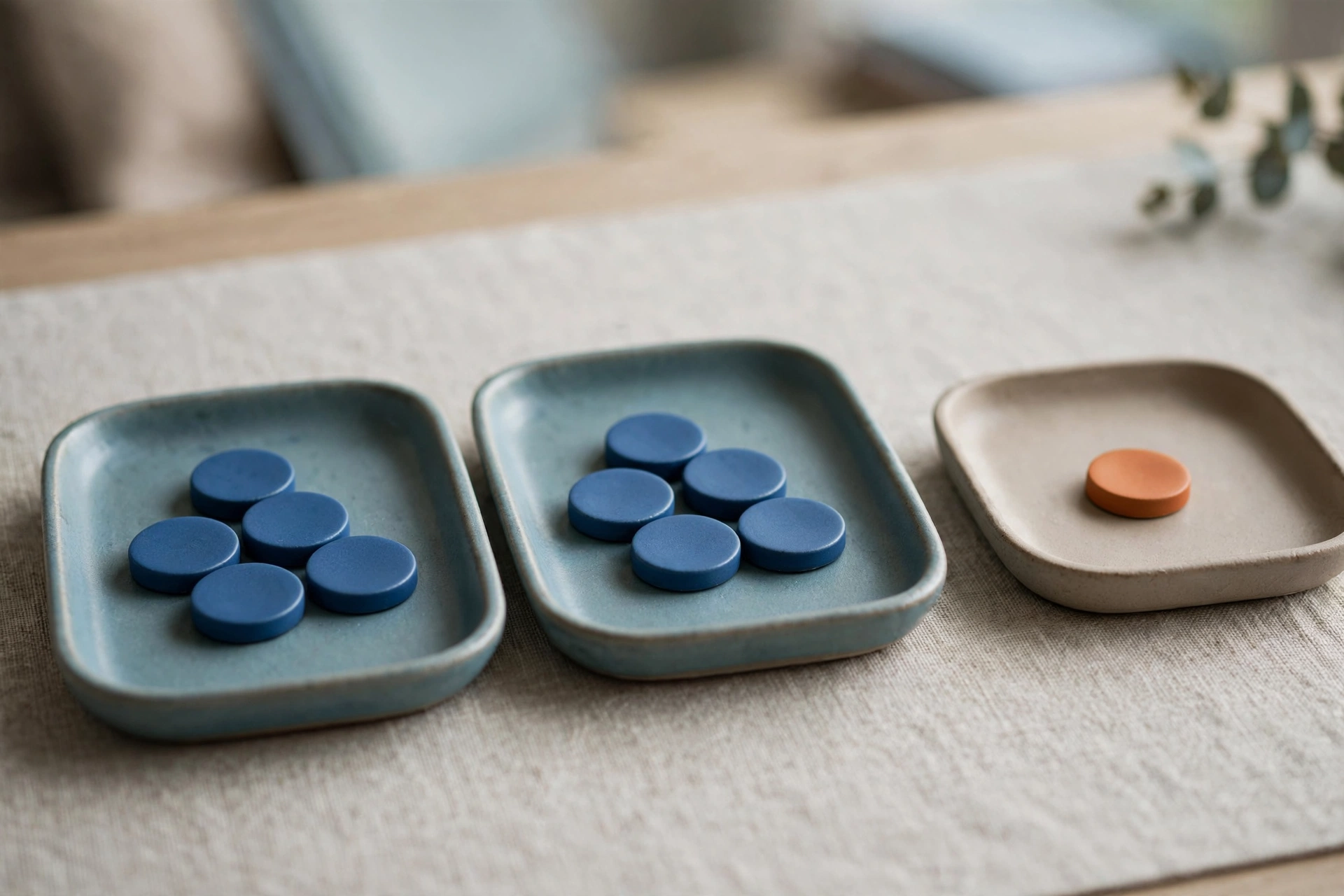 Three shallow trays hold blue and orange ceramic tokens, representing data completeness and exceptions.