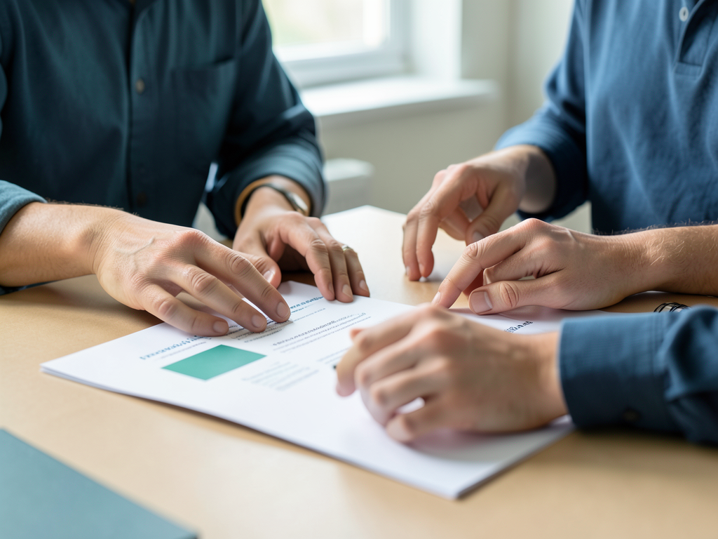 Three colleagues review documents together at a table in a well-lit room.
