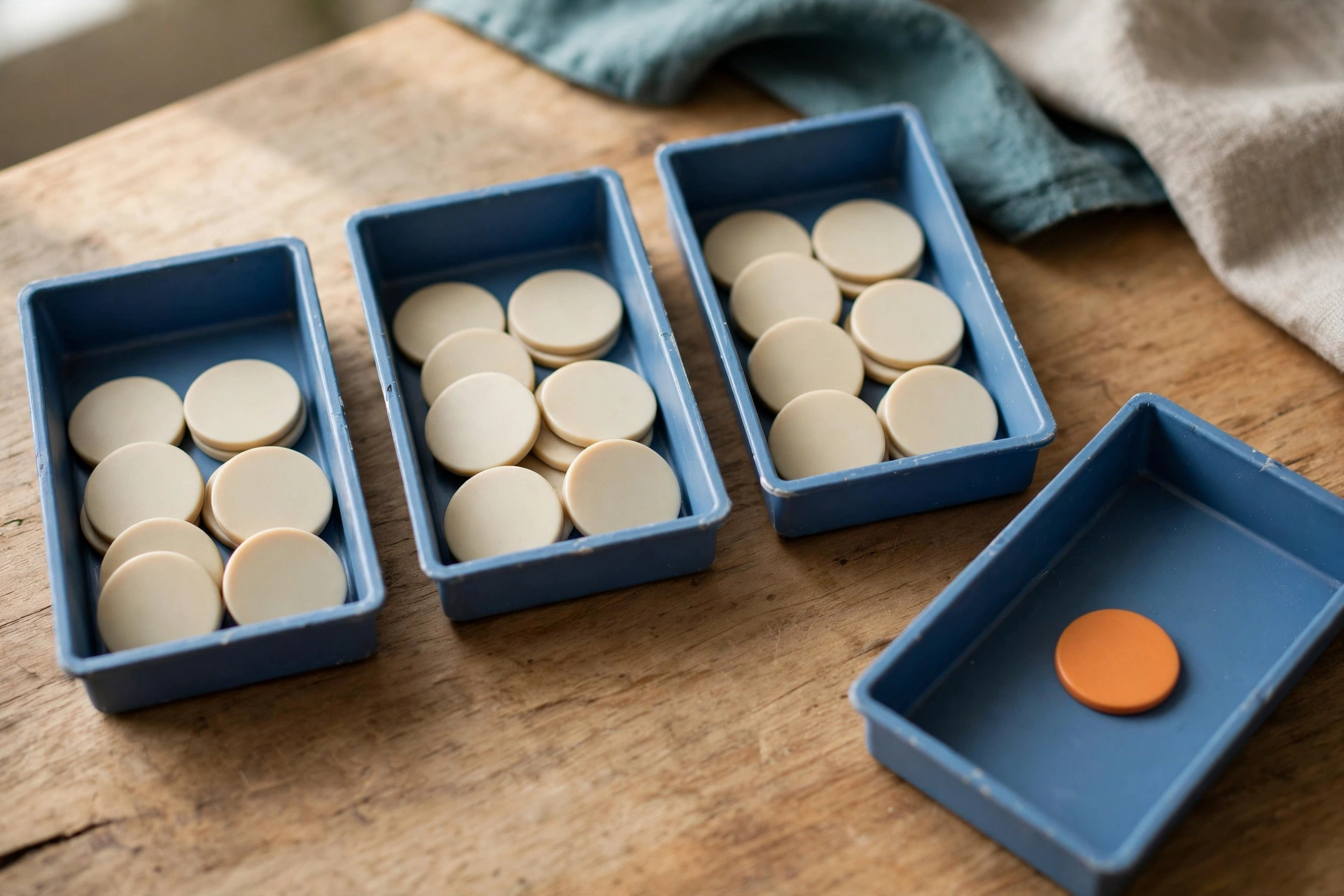 Three blue sorting trays hold blank tokens, with a fourth tray containing a single orange token on a wooden surface.