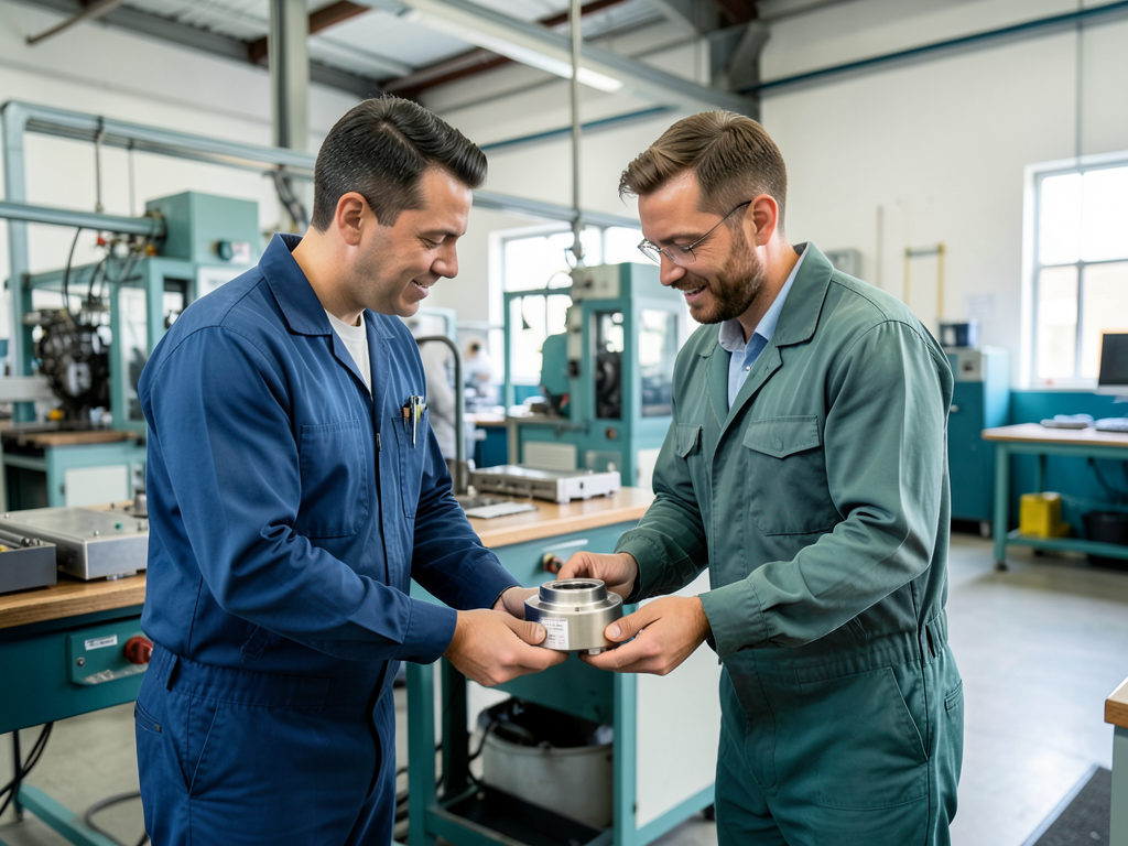 Two men in a factory work cell inspect a metal component while wearing protective attire.