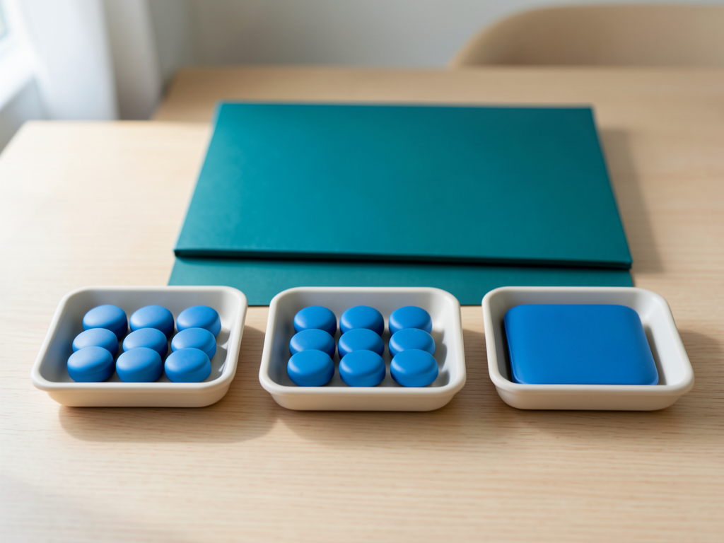 Three shallow trays with blue tokens and a teal folder are arranged on a wooden desk, symbolizing project progression.