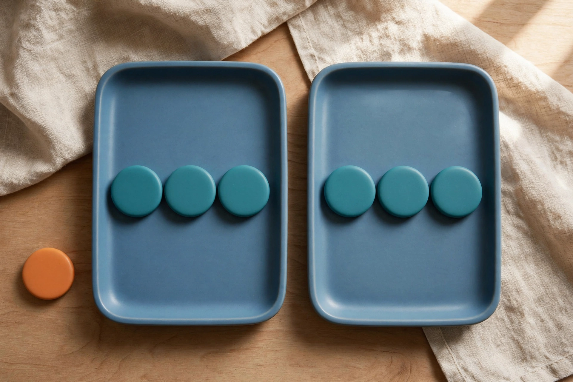 Two blue trays with teal tokens sit on a wooden surface next to a beige cloth, with an orange token beside one tray.
